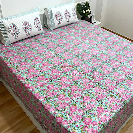 Ramya Hand Block Soft Cotton Bedsheet with 2 Pillow Covers Pink