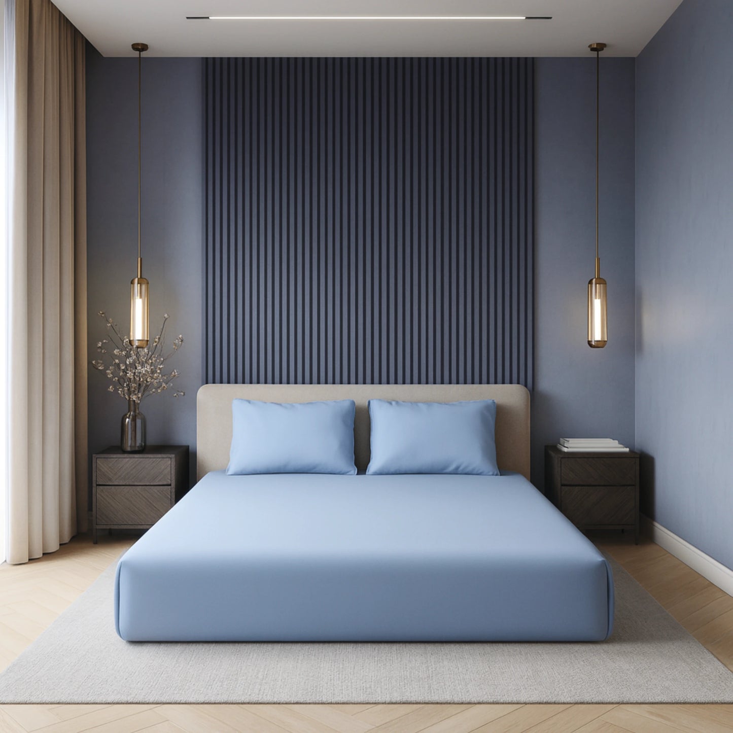 Blue 400TC Percale 100% Cotton Bedsheet Set with Pillow Covers
