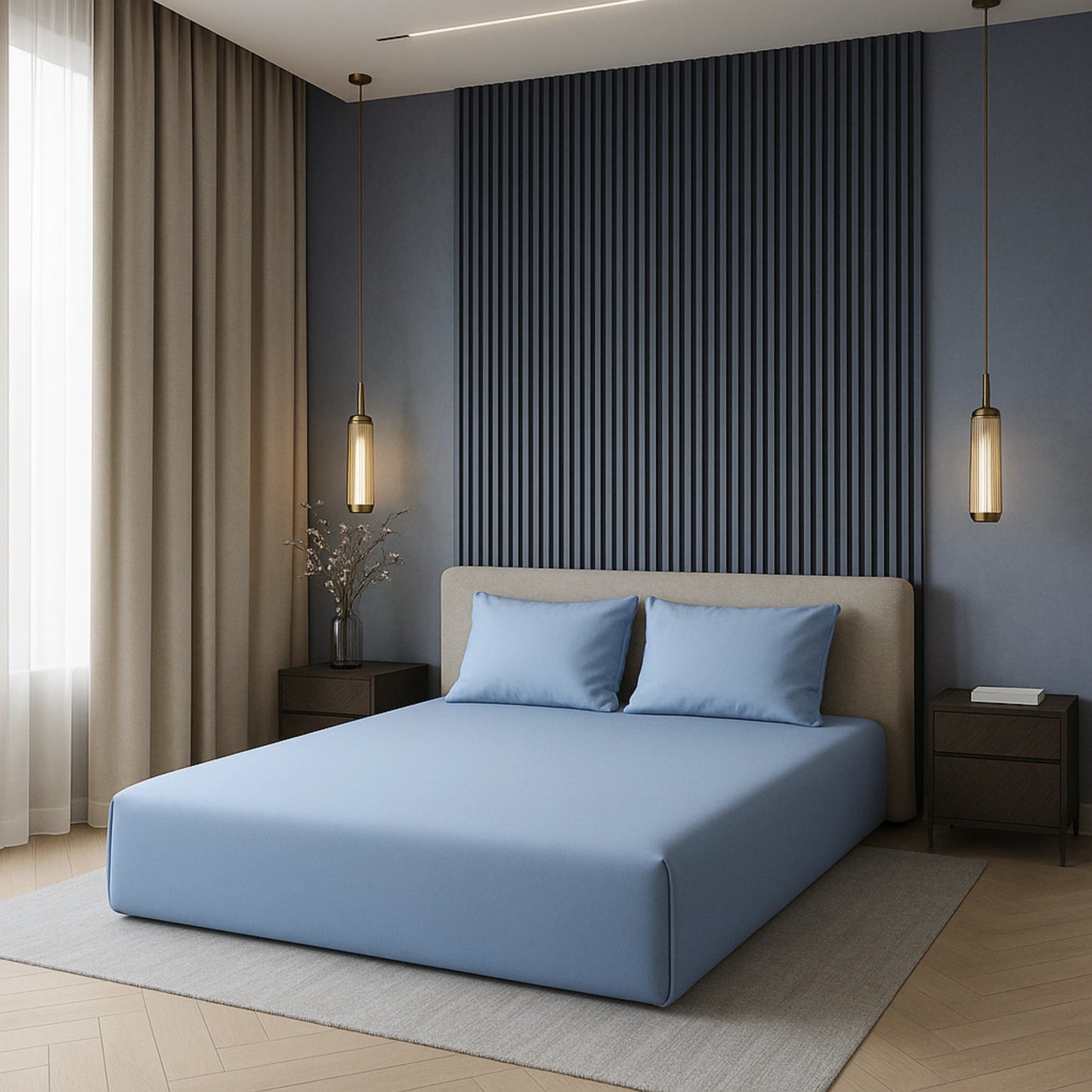 Blue 400TC Percale 100% Cotton Bedsheet Set with Pillow Covers