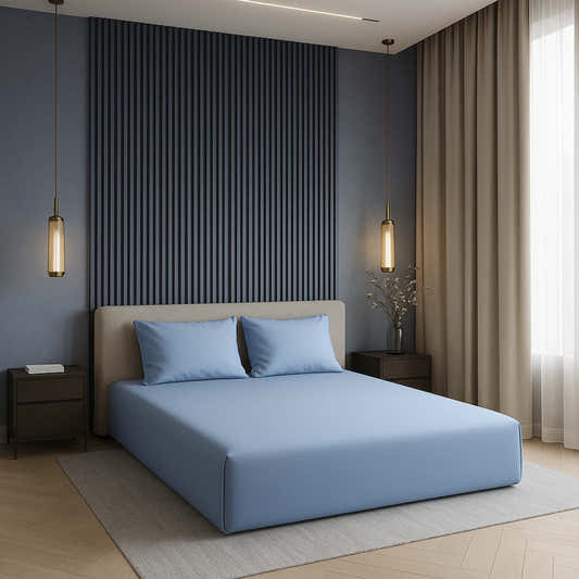 Blue 400TC Percale 100% Cotton Bedsheet Set with Pillow Covers