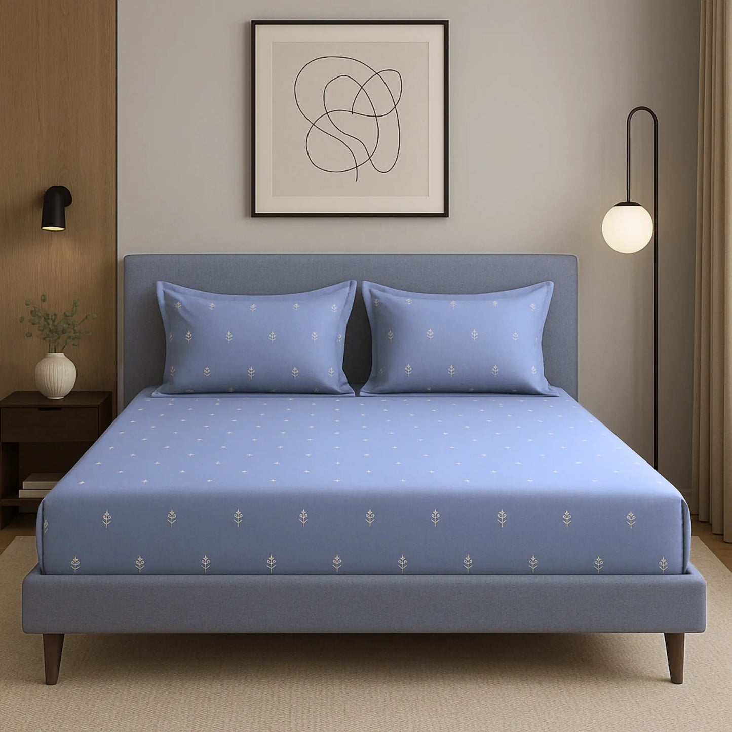 Blue 400TC Percale Hand Embroidered 100% Cotton Bedsheet