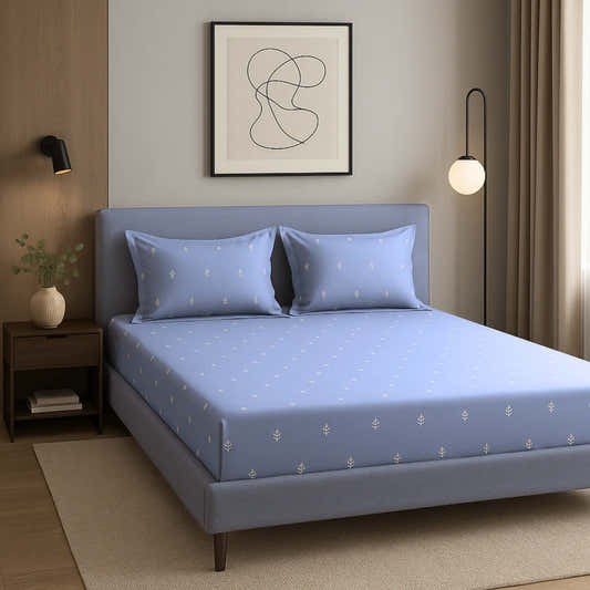 Blue 400TC Percale Hand Embroidered 100% Cotton Bedsheet