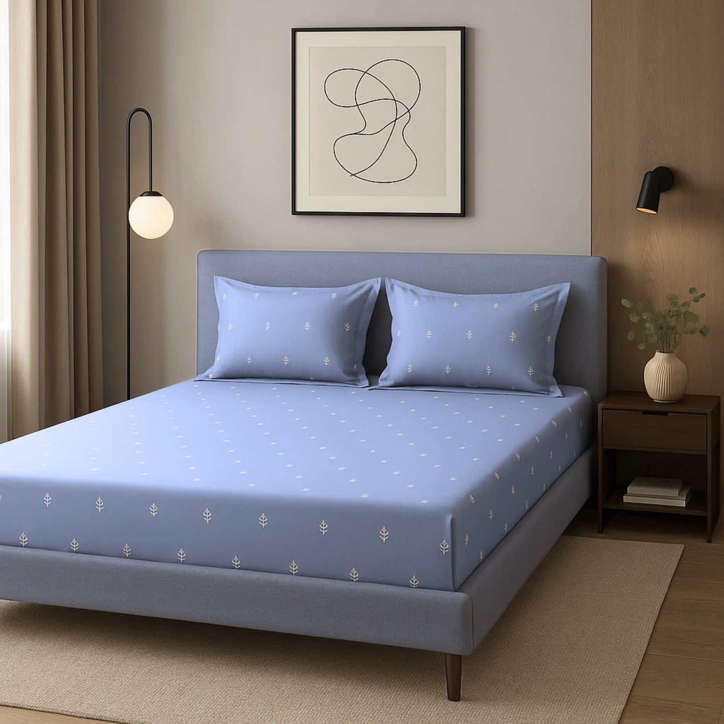 Blue 400TC Percale Hand Embroidered 100% Cotton Bedsheet