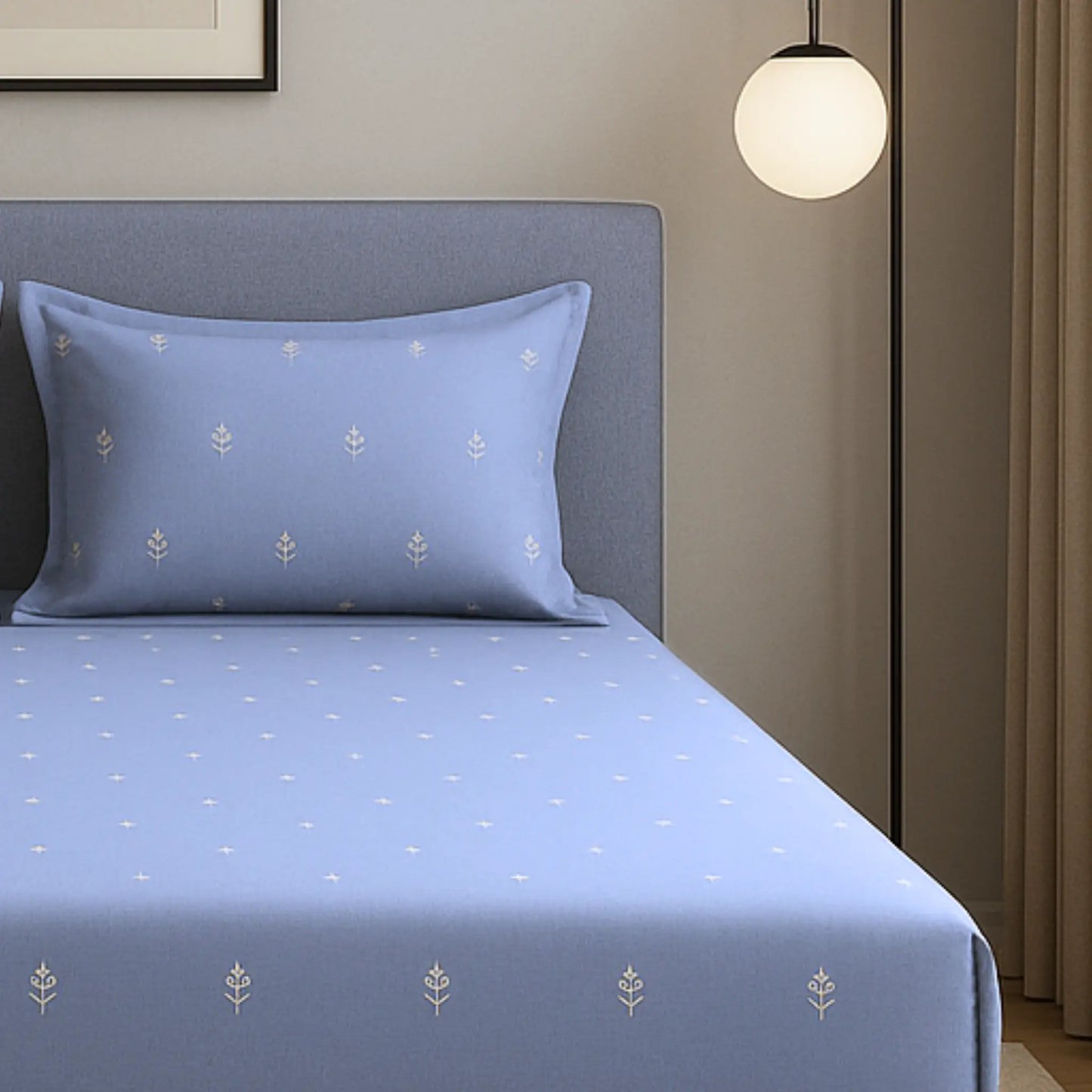 Blue 400TC Percale Hand Embroidered 100% Cotton Bedsheet