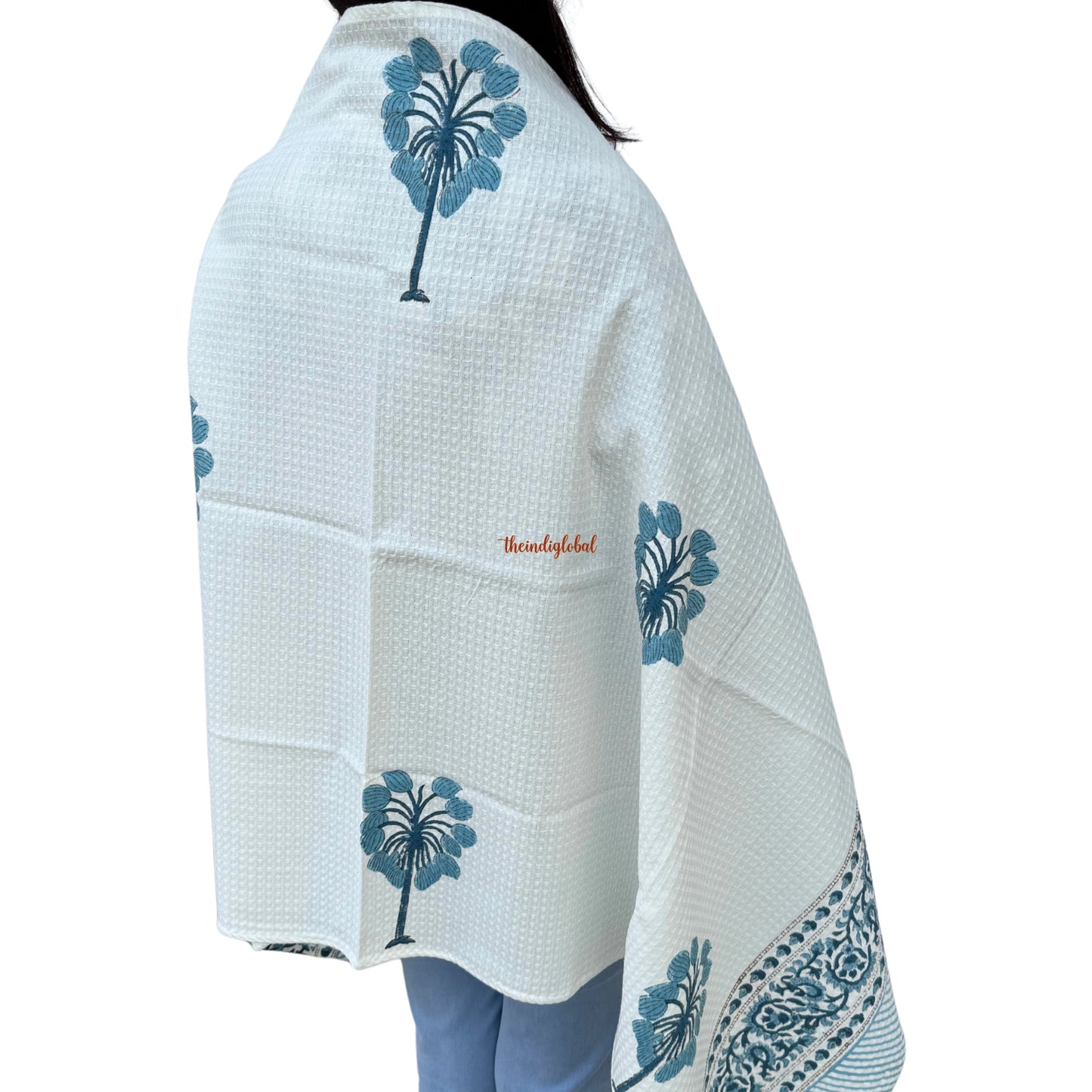 Blue Daisy Handblock Waffle Cotton Body Towel