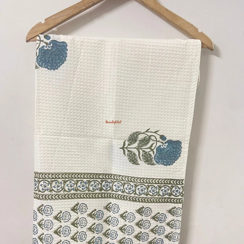 Blue Scarlet Handblock Waffle Cotton Body Towel