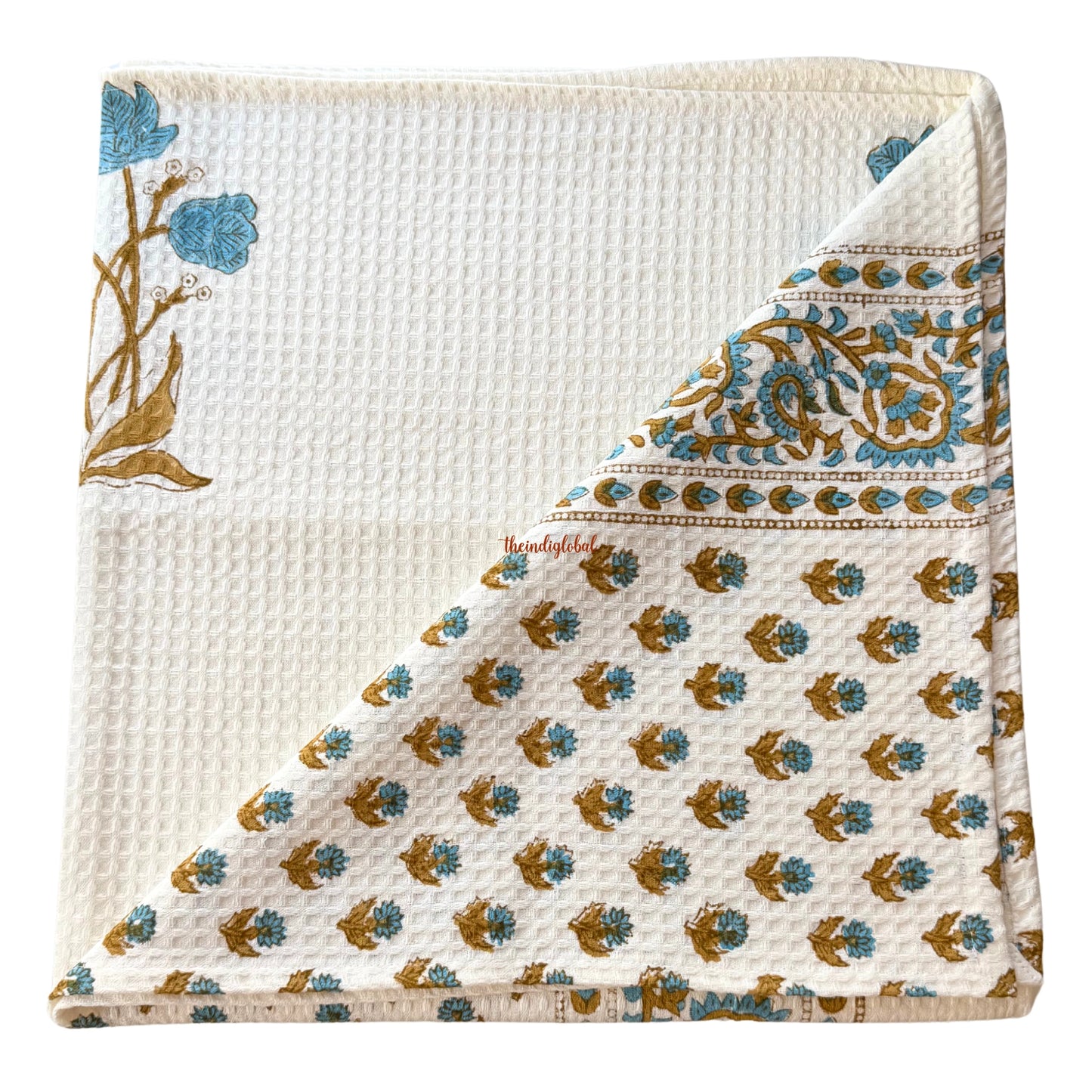 Blue Scarlet Handblock Waffle Cotton Body Towel