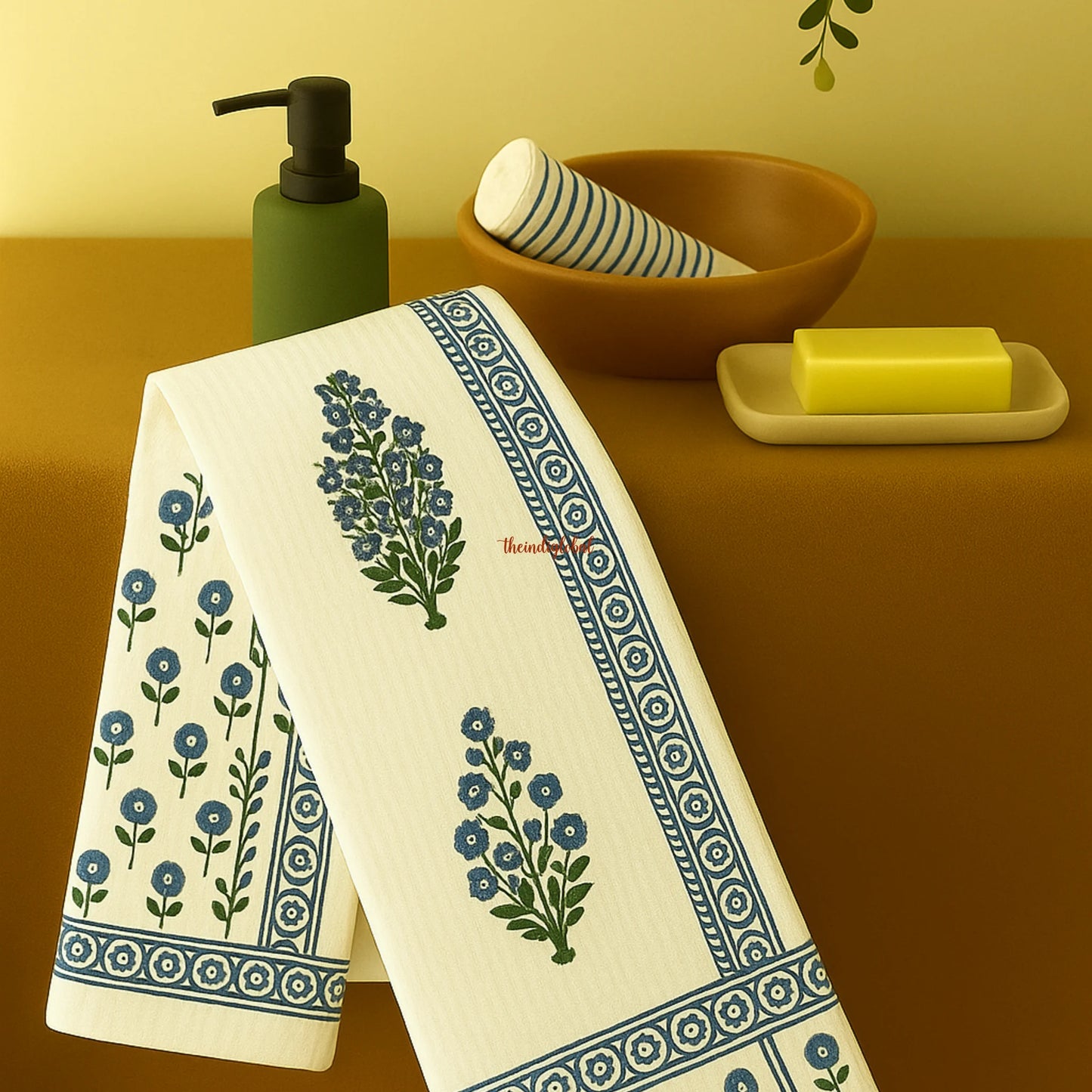 Blue Daisy Handblock Waffle Cotton Body Towel 3