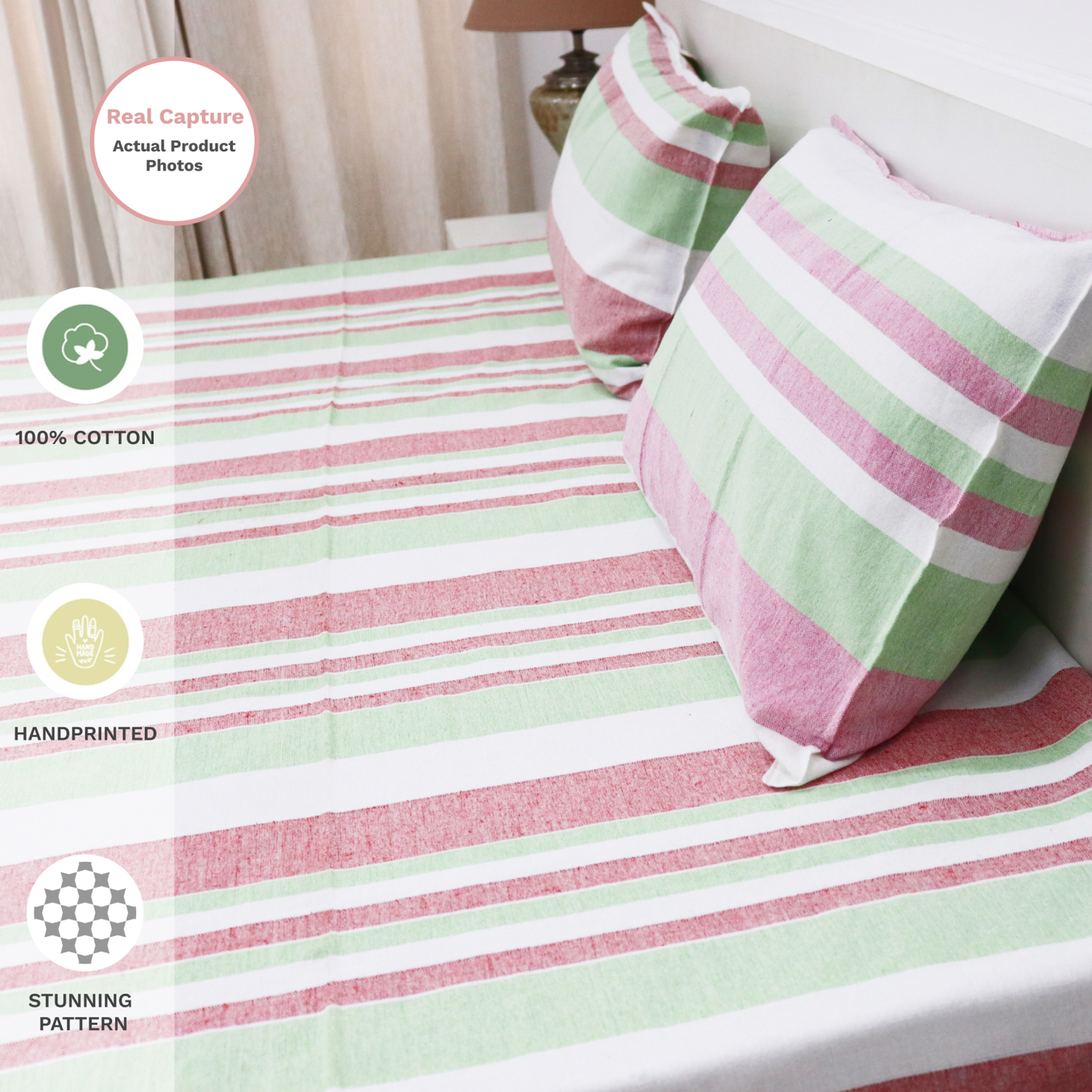 Handloom Cotton Bedcover with Pillow Covers Pink