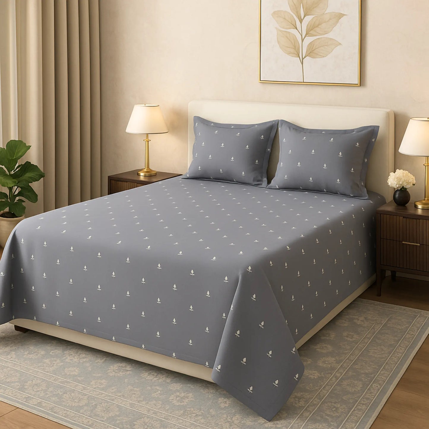 Grey 400TC Percale Hand Embroidered 100% Cotton Bedsheet