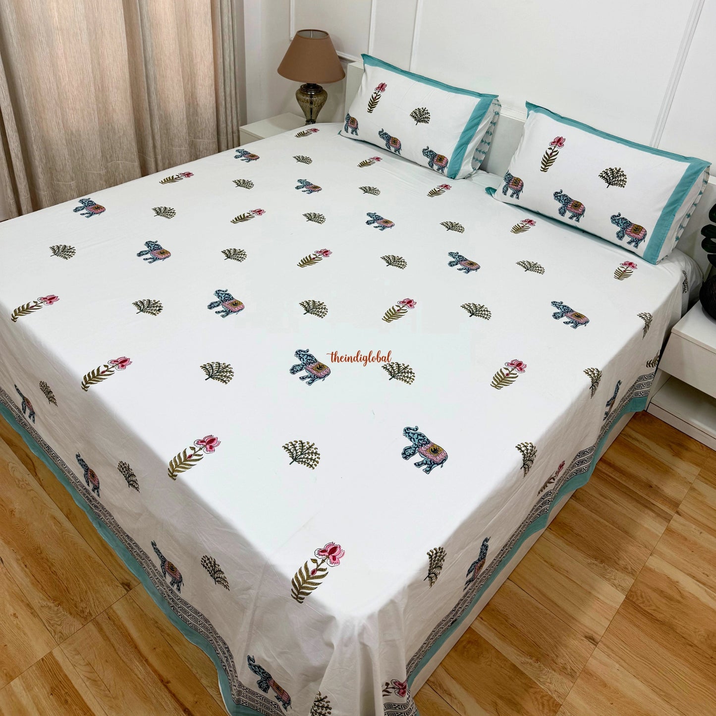 Ramya Hand Block Soft Cotton Bedsheet with 2 Pillow Covers 108*108 inches Gajanan