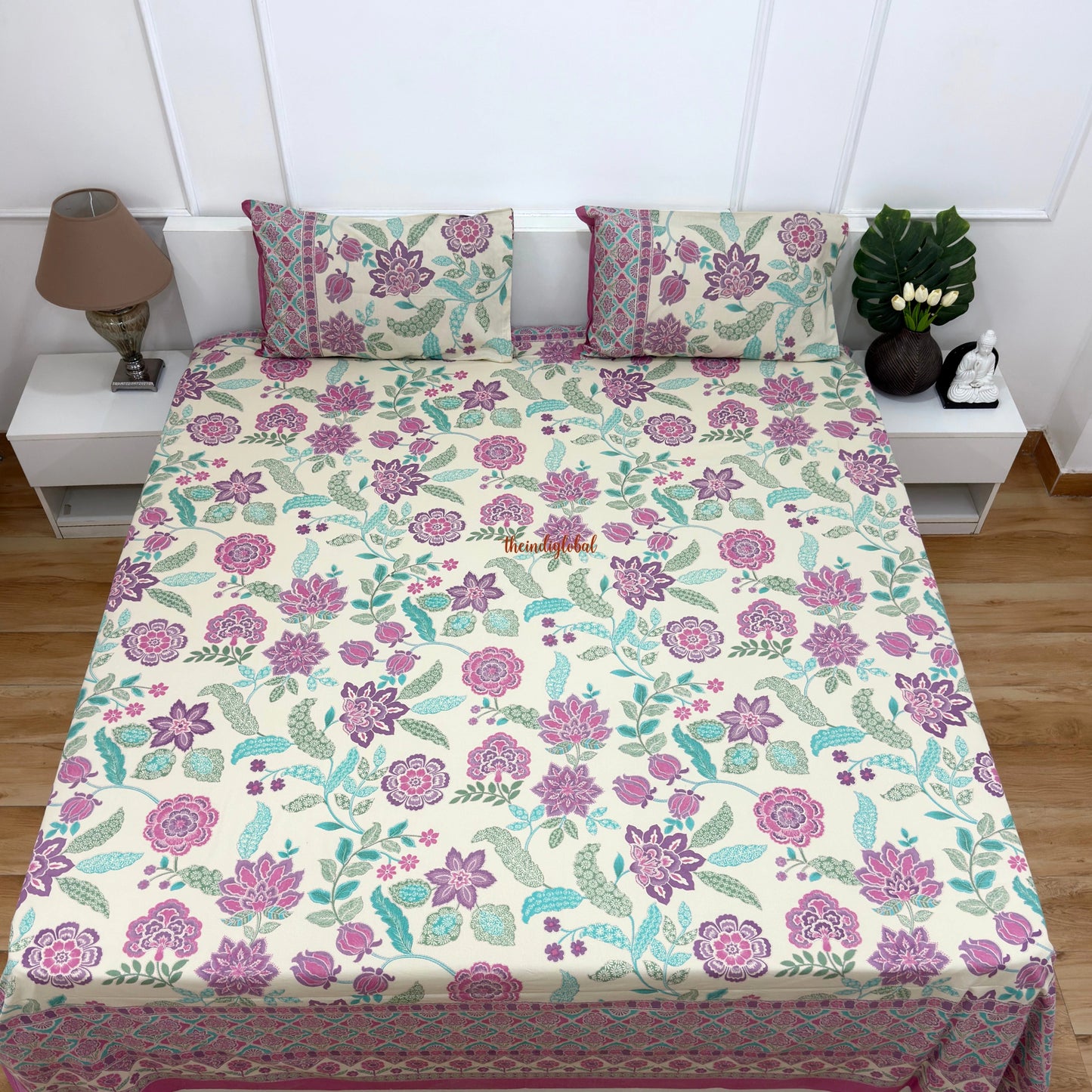 Homi Cotton Bedsheet for Super King Size Bed With Two Reversible Pillow Covers Purple
