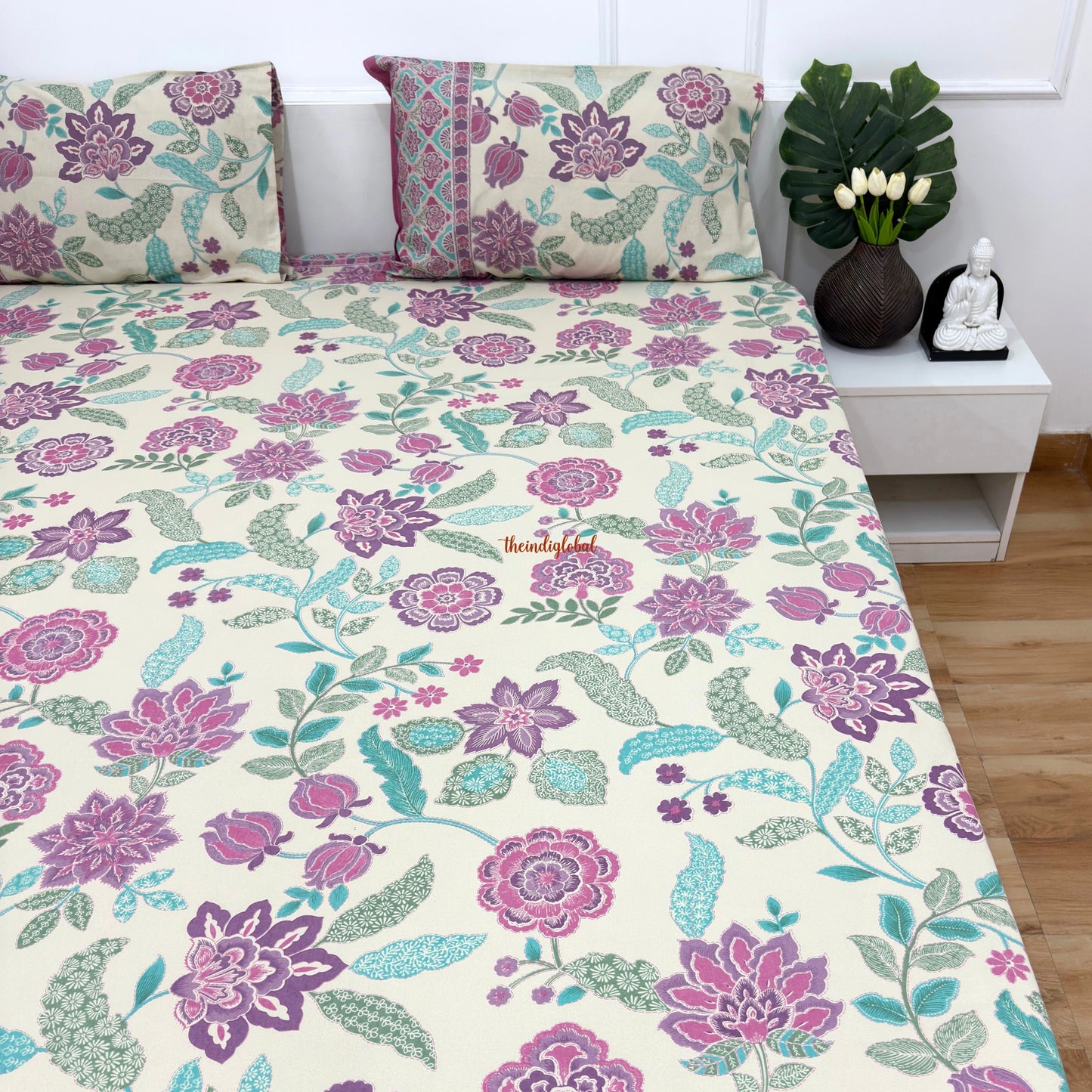 Homi Cotton Bedsheet for Super King Size Bed With Two Reversible Pillow Covers Purple