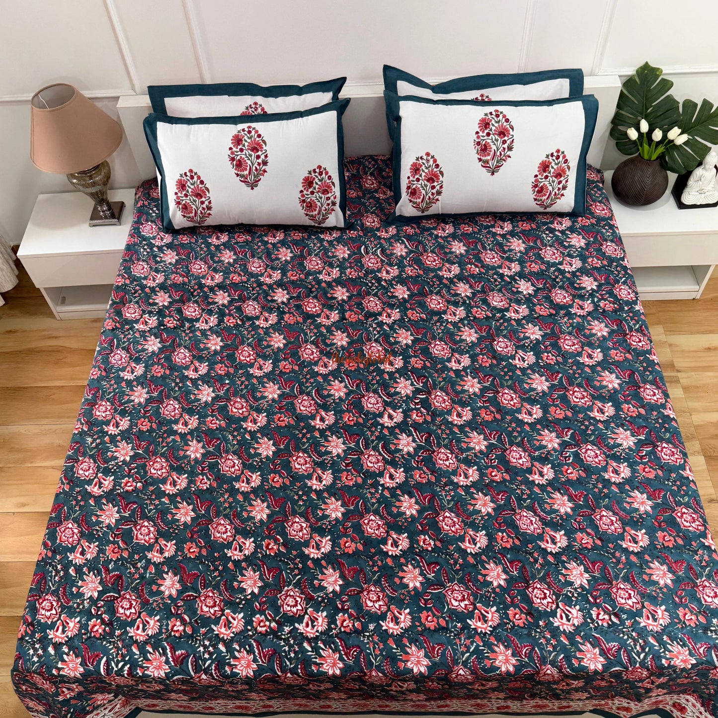 Ramya Hand Block Soft Cotton Bedsheet with 2 Pillow Covers Blue