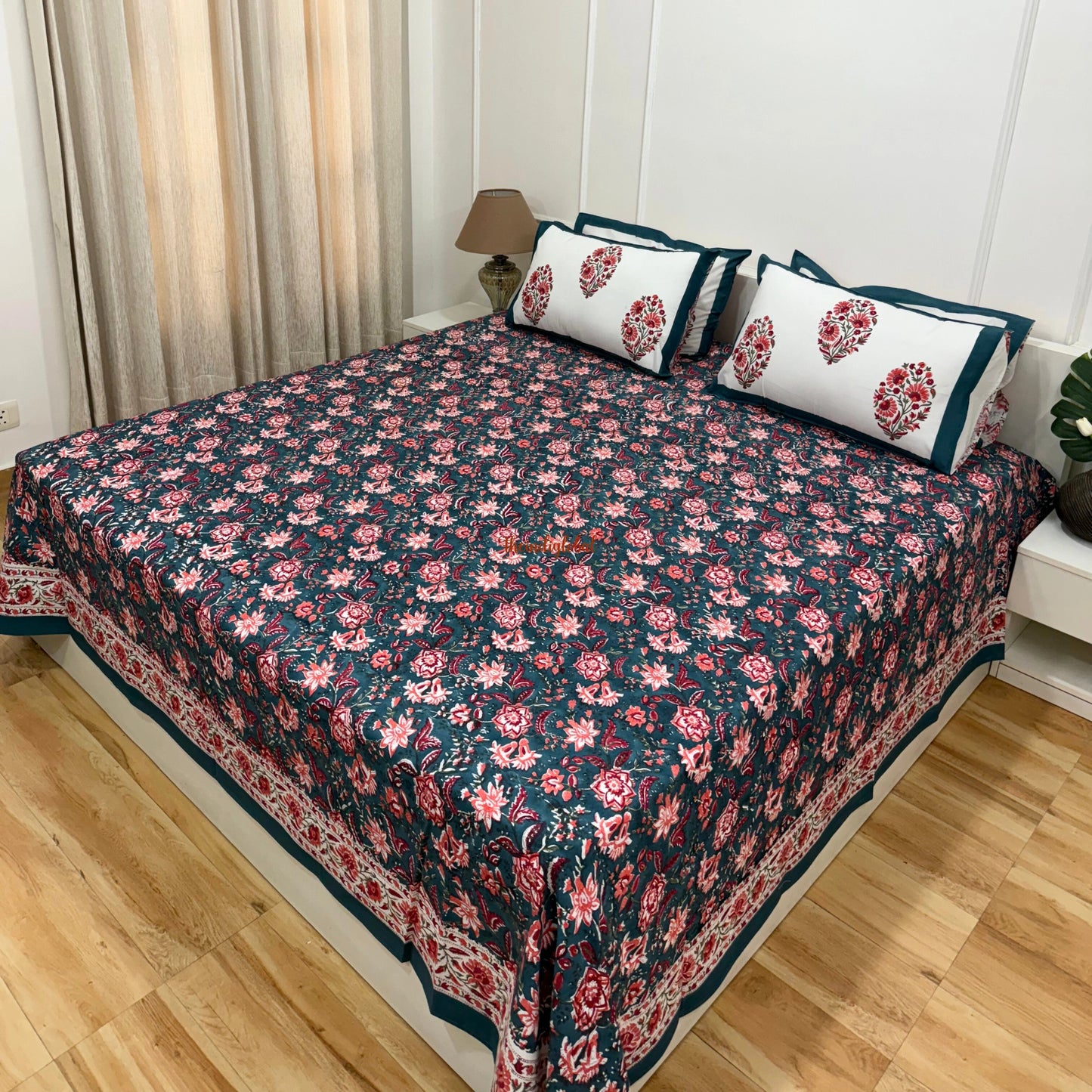 Ramya Hand Block Soft Cotton Bedsheet with 2 Pillow Covers Blue