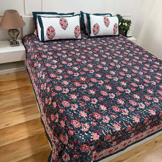 Ramya Hand Block Soft Cotton Bedsheet with 2 Pillow Covers Blue