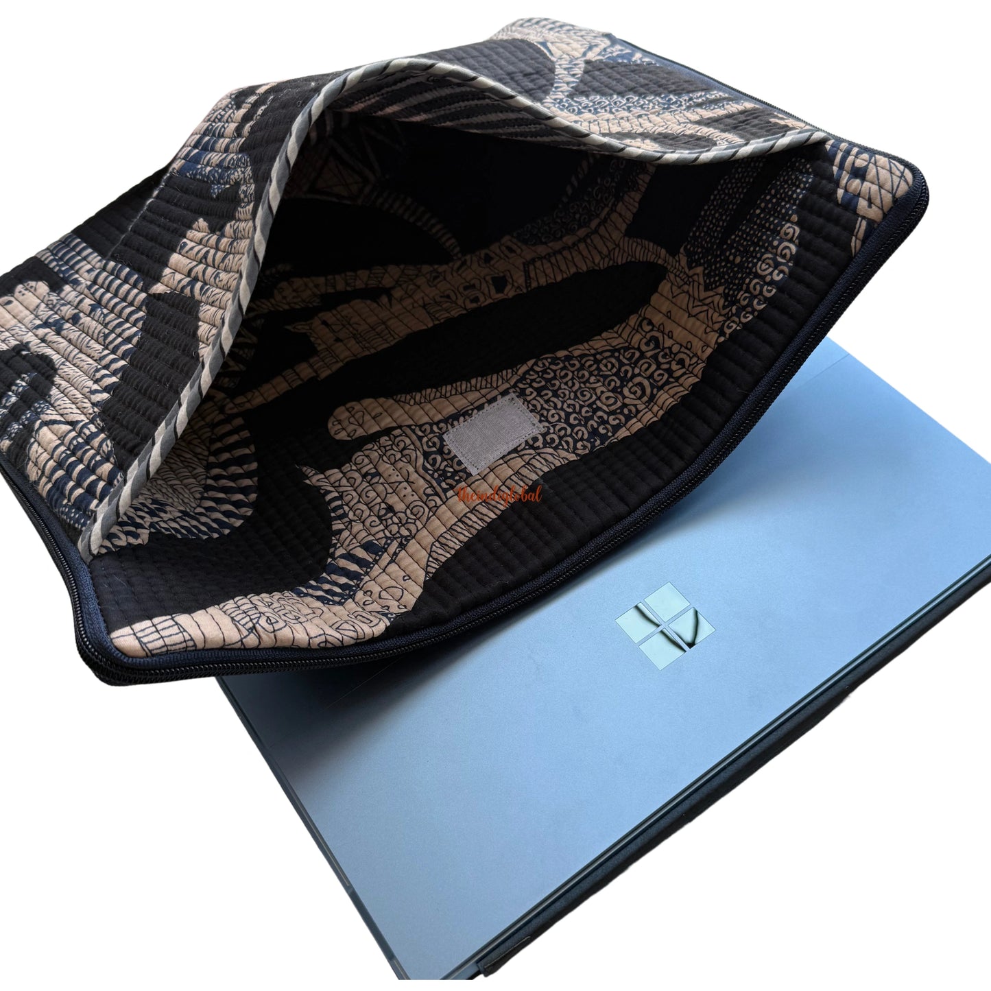 Hand block Quilted Cotton Laptop Sleeve 14 Inch Black