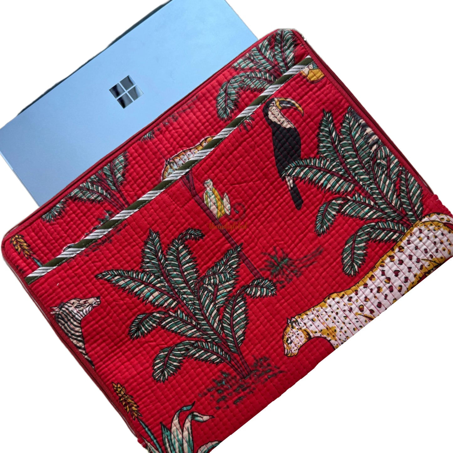 Hand block Quilted Cotton Laptop Sleeve 14 Inch Red