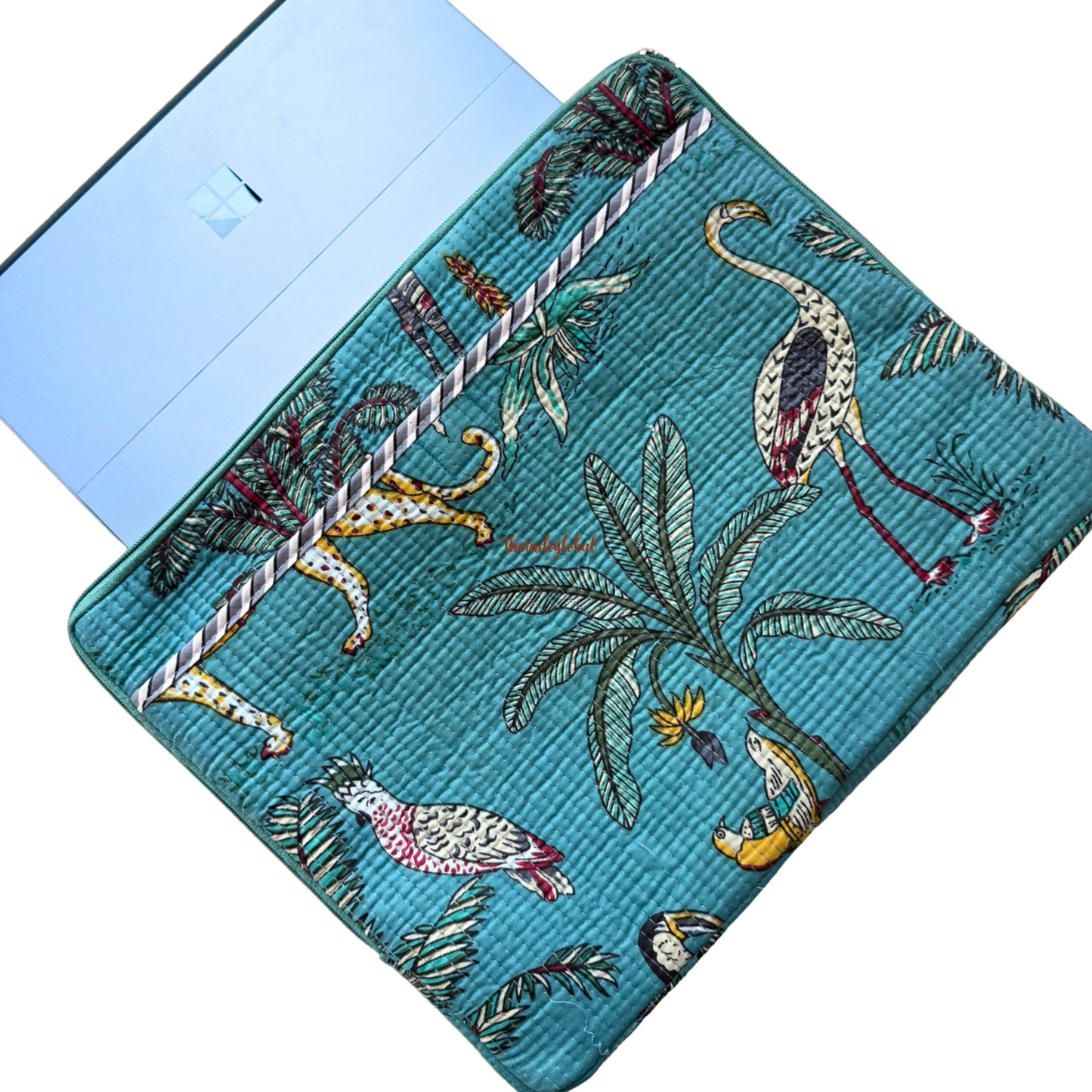 Hand block Quilted Cotton Laptop Sleeve 14 Inch Teal Blue