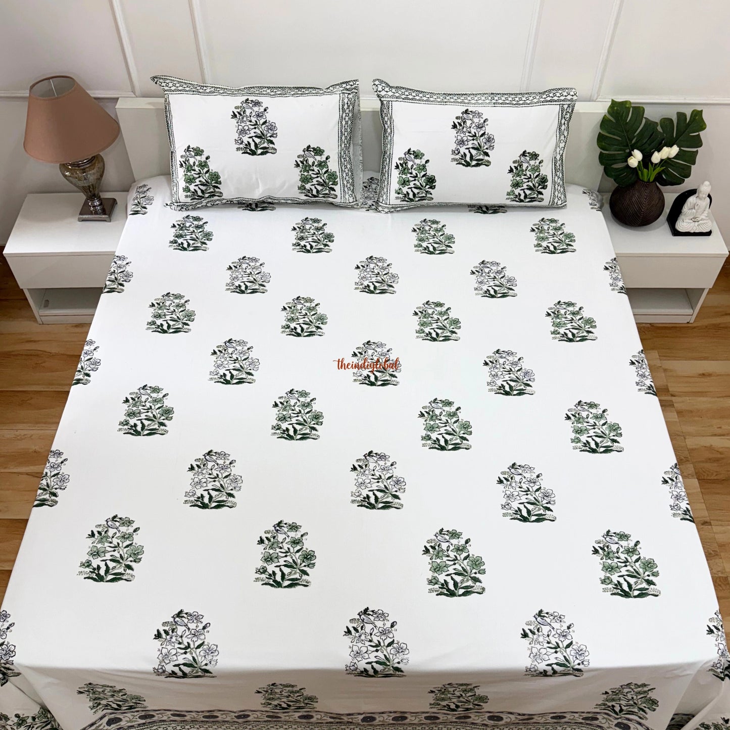 Ramya Hand Block Soft Cotton Bedsheet with 2 Pillow Covers 108*108 inches Vega