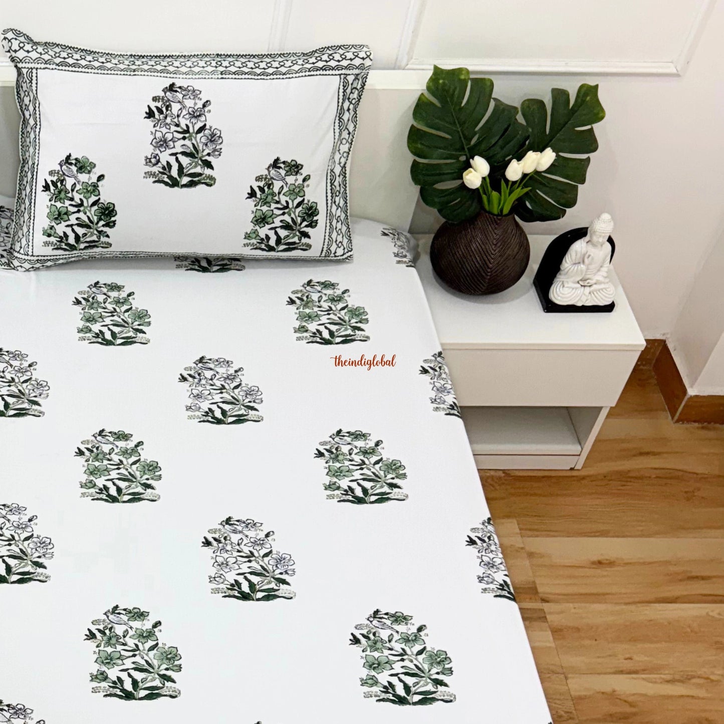 Ramya Hand Block Soft Cotton Bedsheet with 2 Pillow Covers 108*108 inches Vega