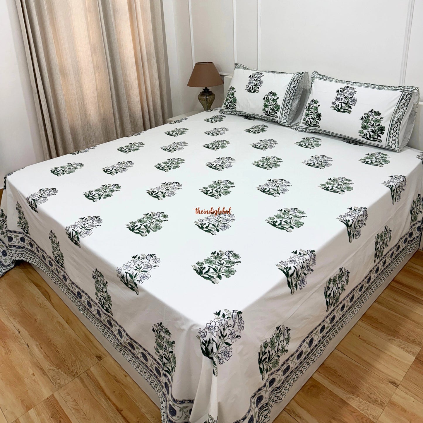 Ramya Hand Block Soft Cotton Bedsheet with 2 Pillow Covers 108*108 inches Vega