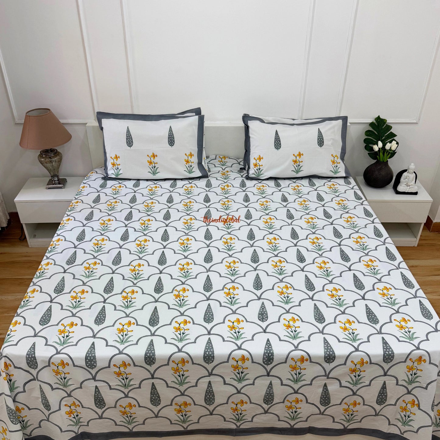 Ramya Hand Block Soft Cotton Bedsheet with 2 Pillow Covers Grey