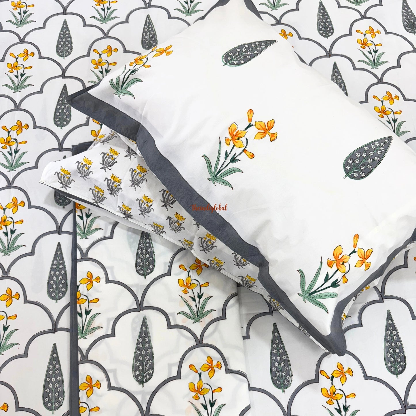 Ramya Hand Block Soft Cotton Bedsheet with 2 Pillow Covers Grey