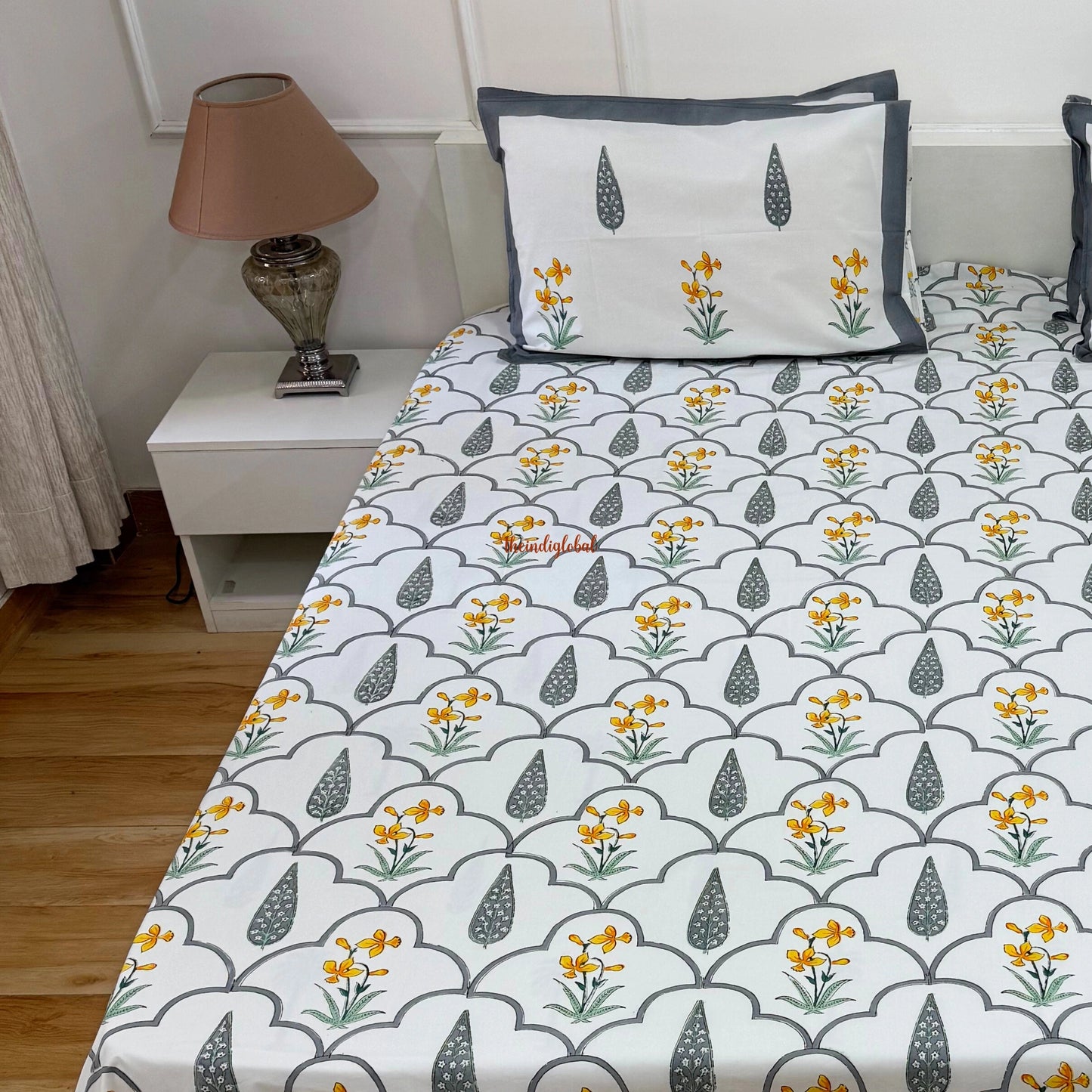 Ramya Hand Block Soft Cotton Bedsheet with 2 Pillow Covers Grey