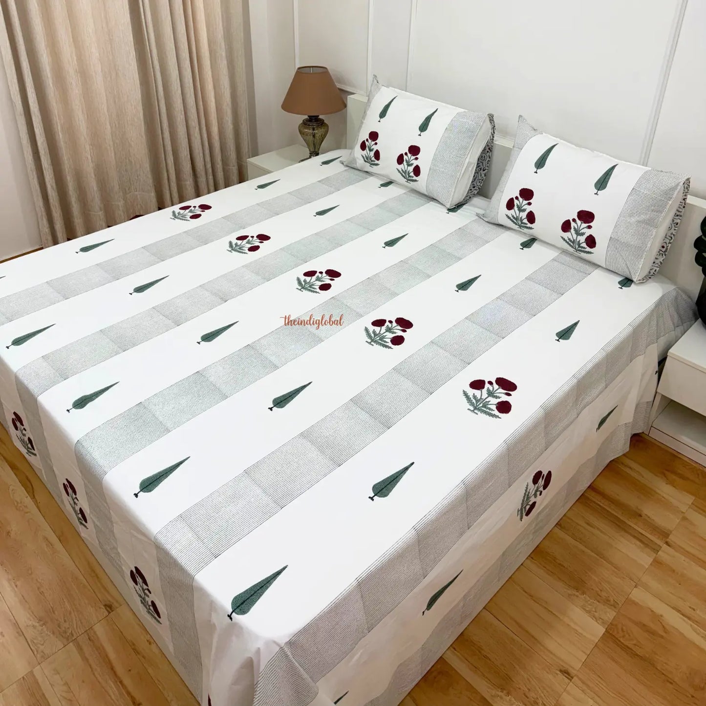 Ramya Hand Block Soft Cotton Bedsheet with 2 Pillow Covers 108*108 inches Gulab