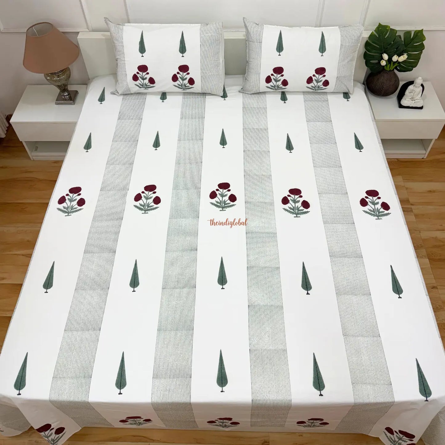 Ramya Hand Block Soft Cotton Bedsheet with 2 Pillow Covers 108*108 inches Gulab