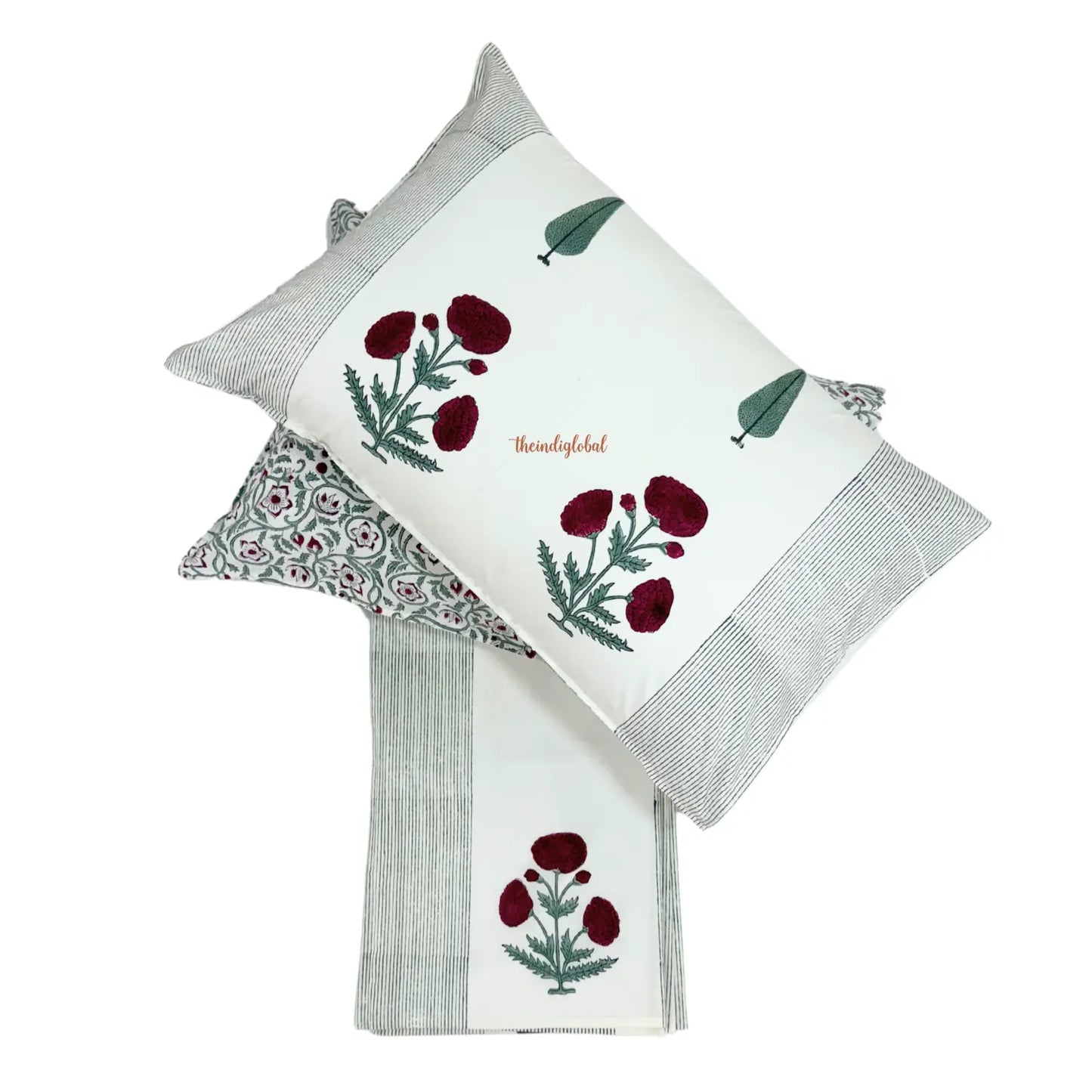 Ramya Hand Block Soft Cotton Bedsheet with 2 Pillow Covers 108*108 inches Gulab