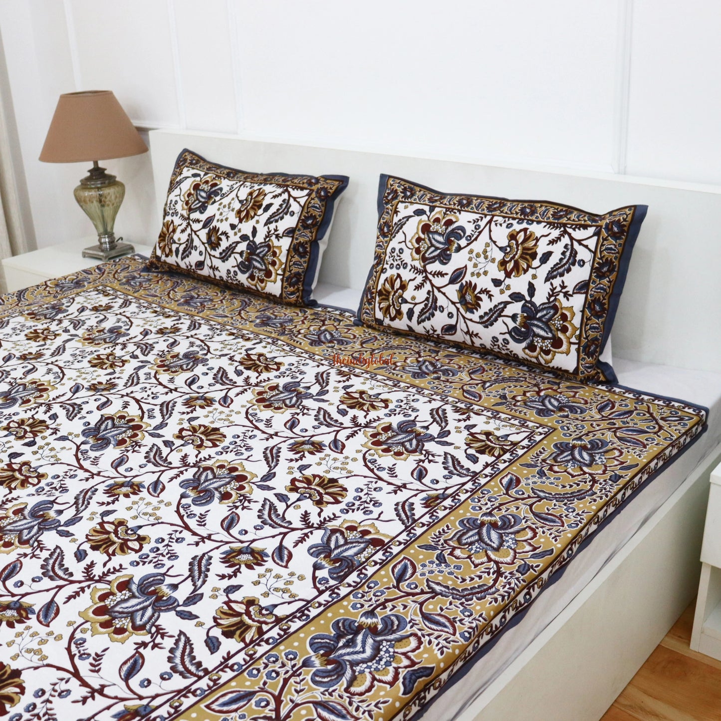 Hand Block Cotton Bedsheet with 2 Pillow Covers Double Bed size Mustard Purple