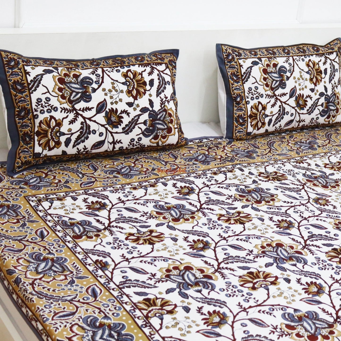 Hand Block Cotton Bedsheet with 2 Pillow Covers Double Bed size Mustard Purple