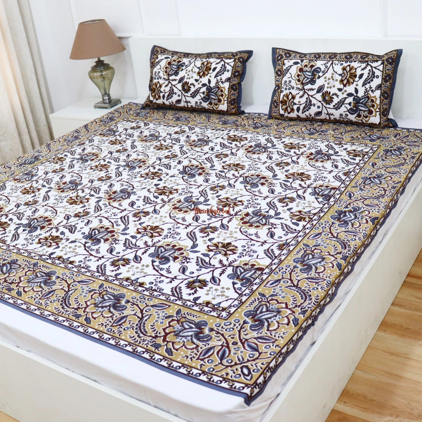 Hand Block Cotton Bedsheet with 2 Pillow Covers Double Bed size Mustard Purple