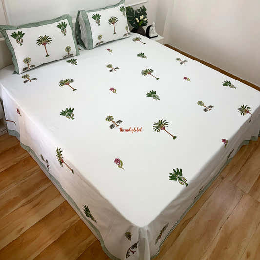 Ramya Hand Block Soft Cotton Bedsheet with 2 Pillow Covers Palm Green