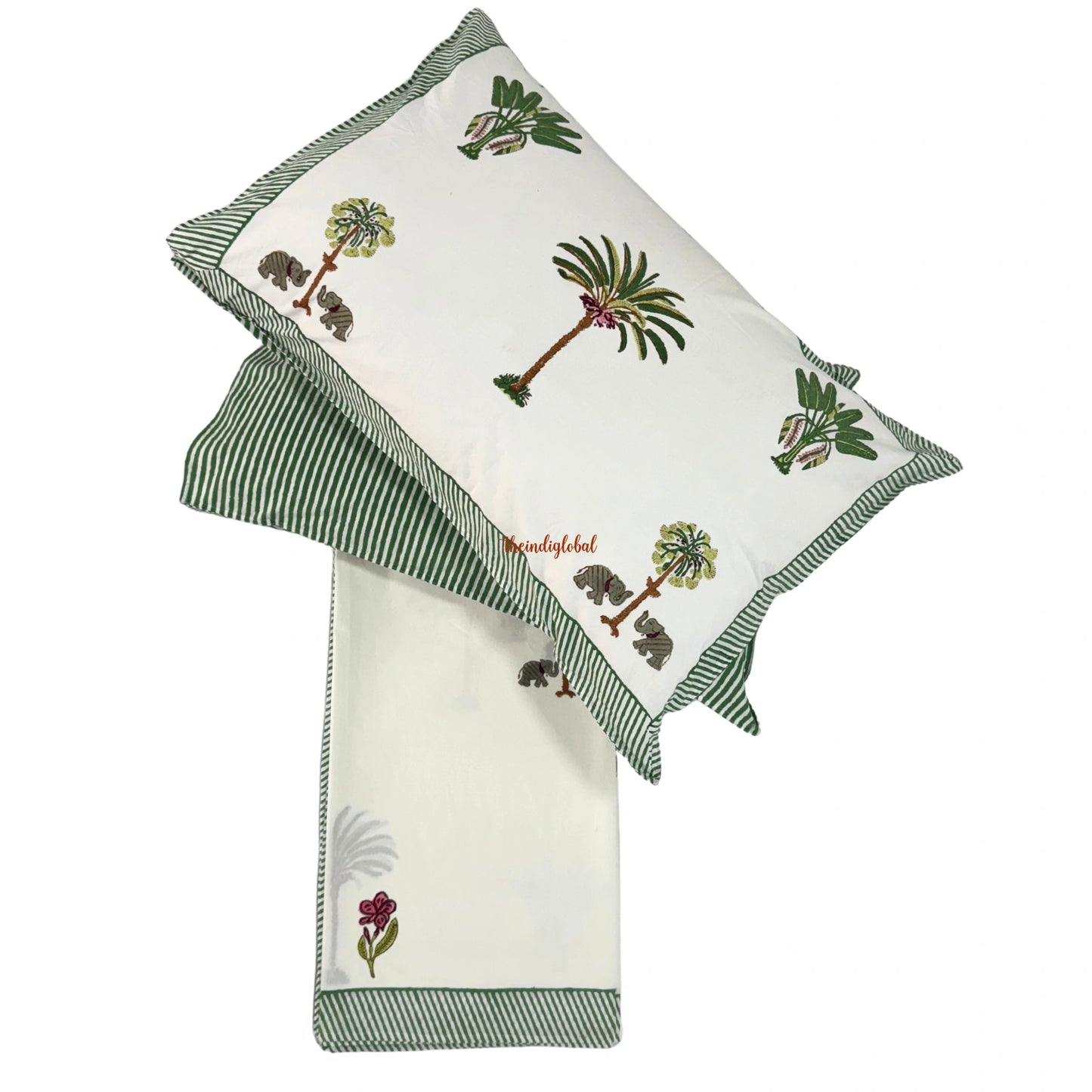 Ramya Hand Block Soft Cotton Bedsheet with 2 Pillow Covers Palm Green