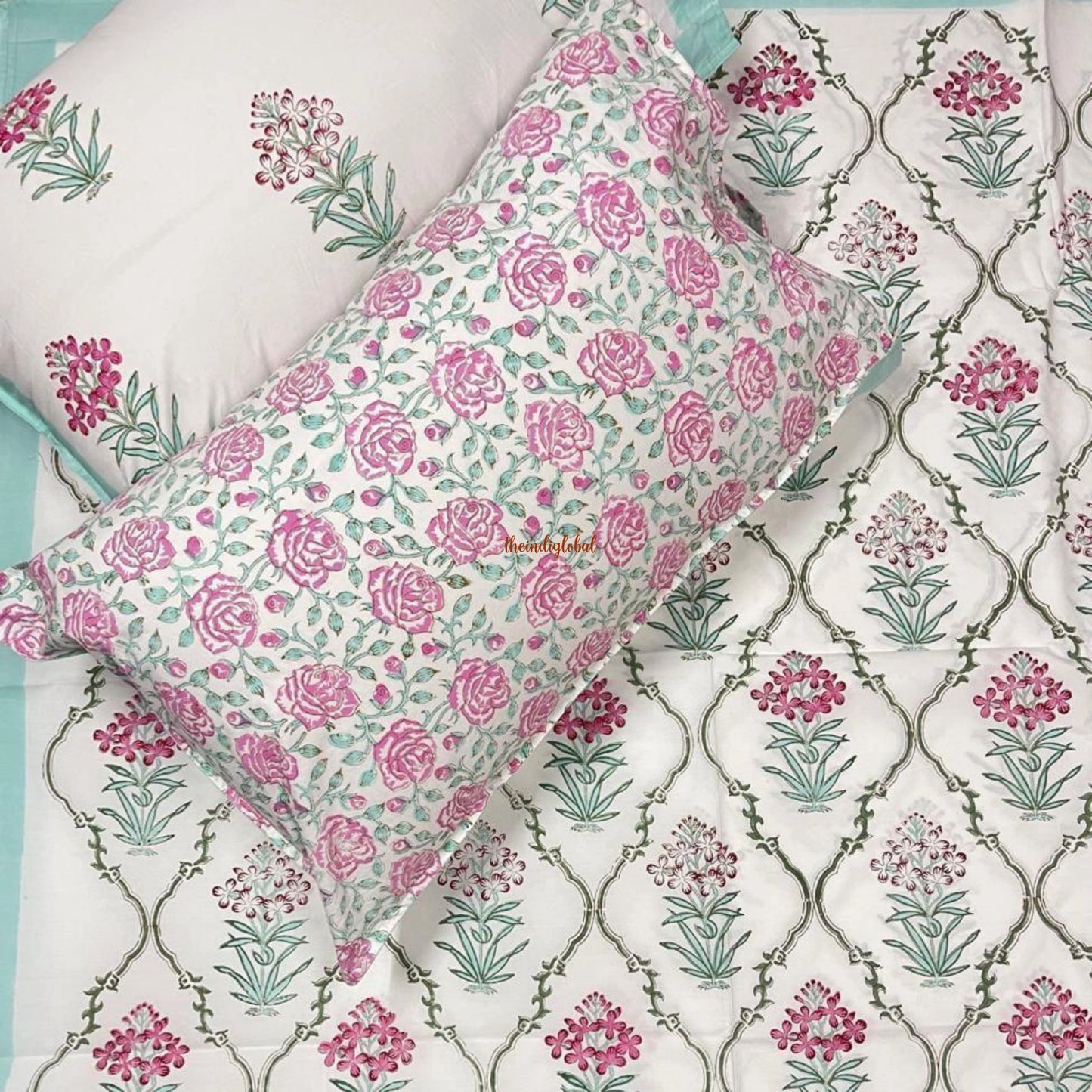 Ramya Hand Block Soft Cotton Bedsheet with 2 Pillow Covers Sky Blue