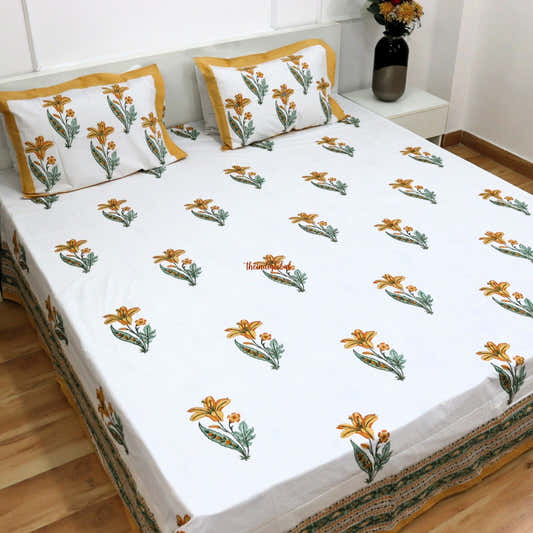 Ramya Hand Block Soft Cotton Bedsheet with 2 Pillow Covers 108*108 inches Yellow
