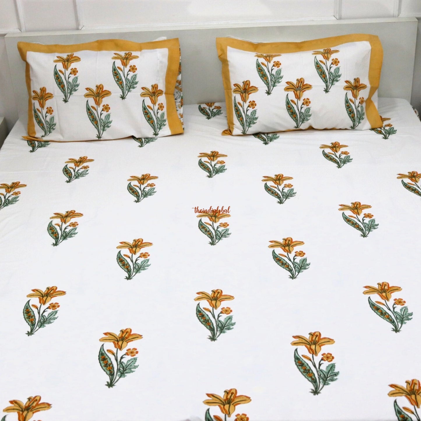 Ramya Hand Block Soft Cotton Bedsheet with 2 Pillow Covers 108*108 inches Yellow
