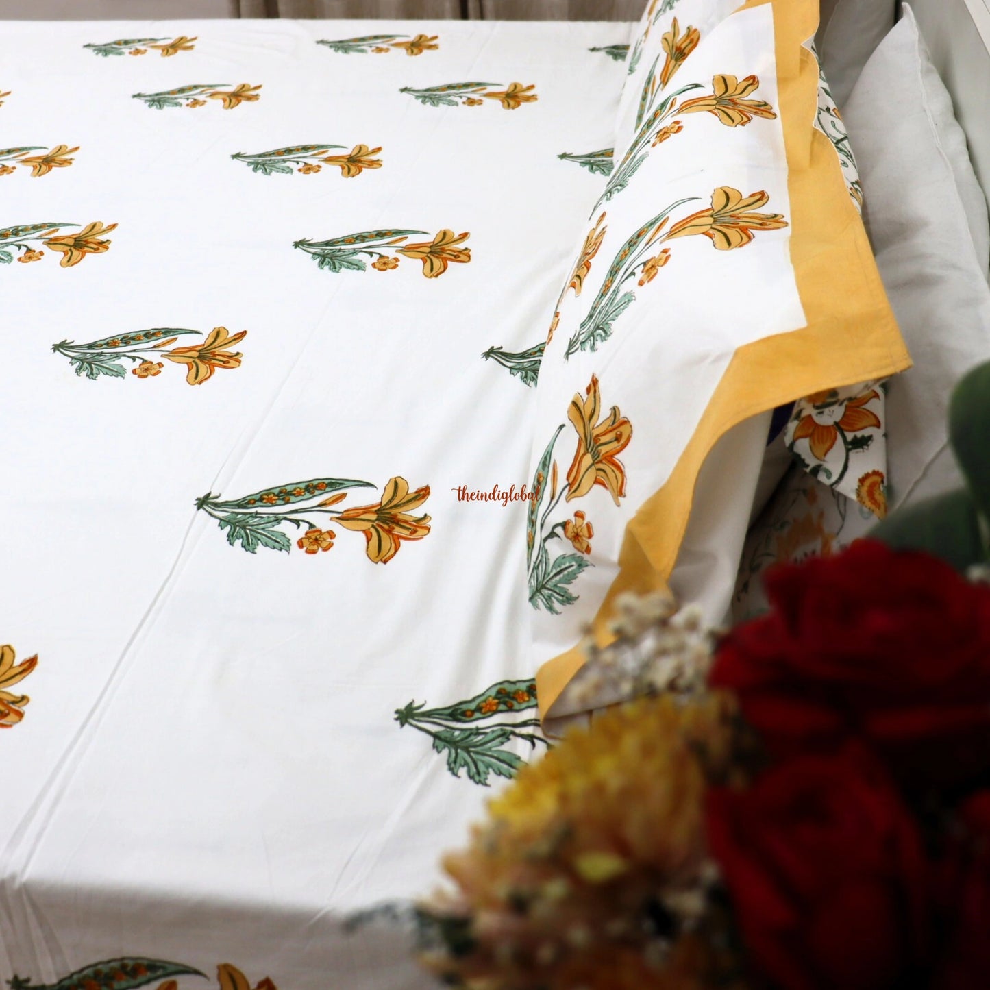 Ramya Hand Block Soft Cotton Bedsheet with 2 Pillow Covers 108*108 inches Yellow