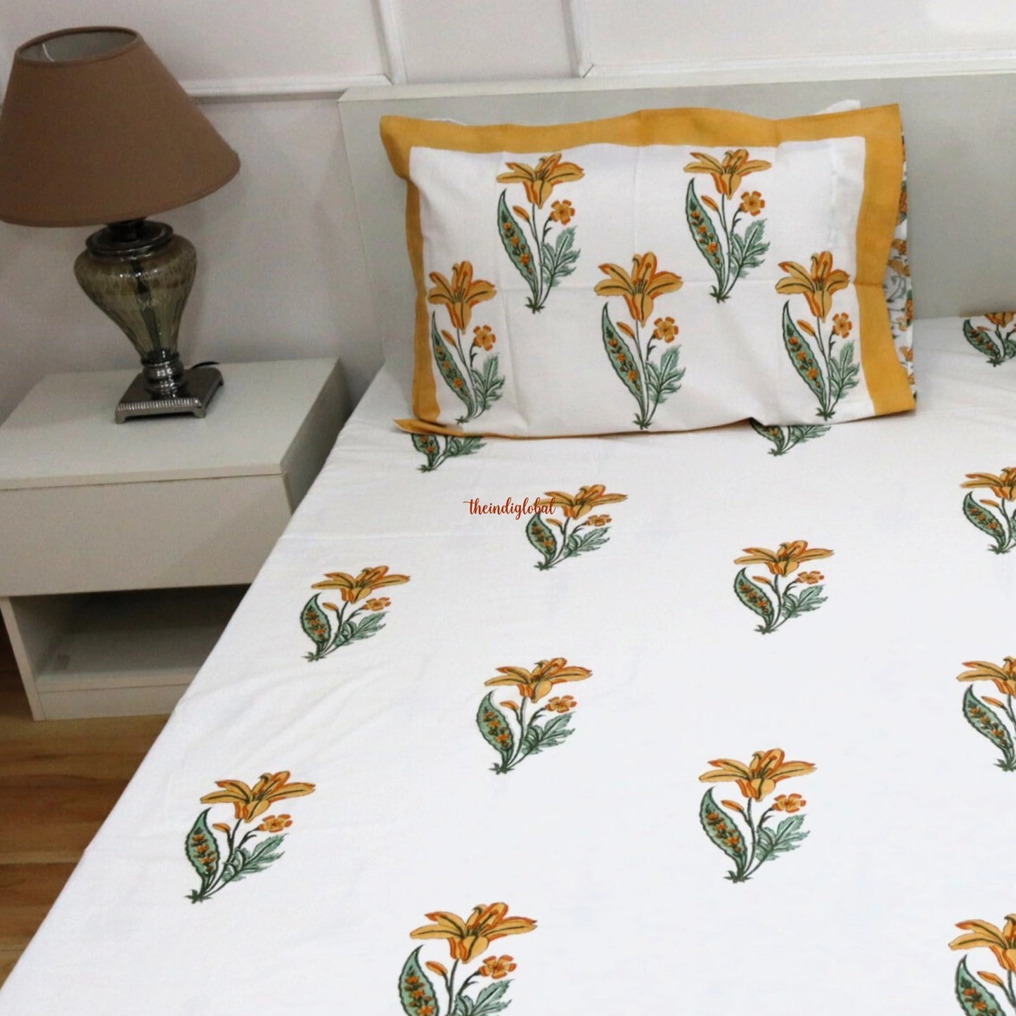 Ramya Hand Block Soft Cotton Bedsheet with 2 Pillow Covers 108*108 inches Yellow