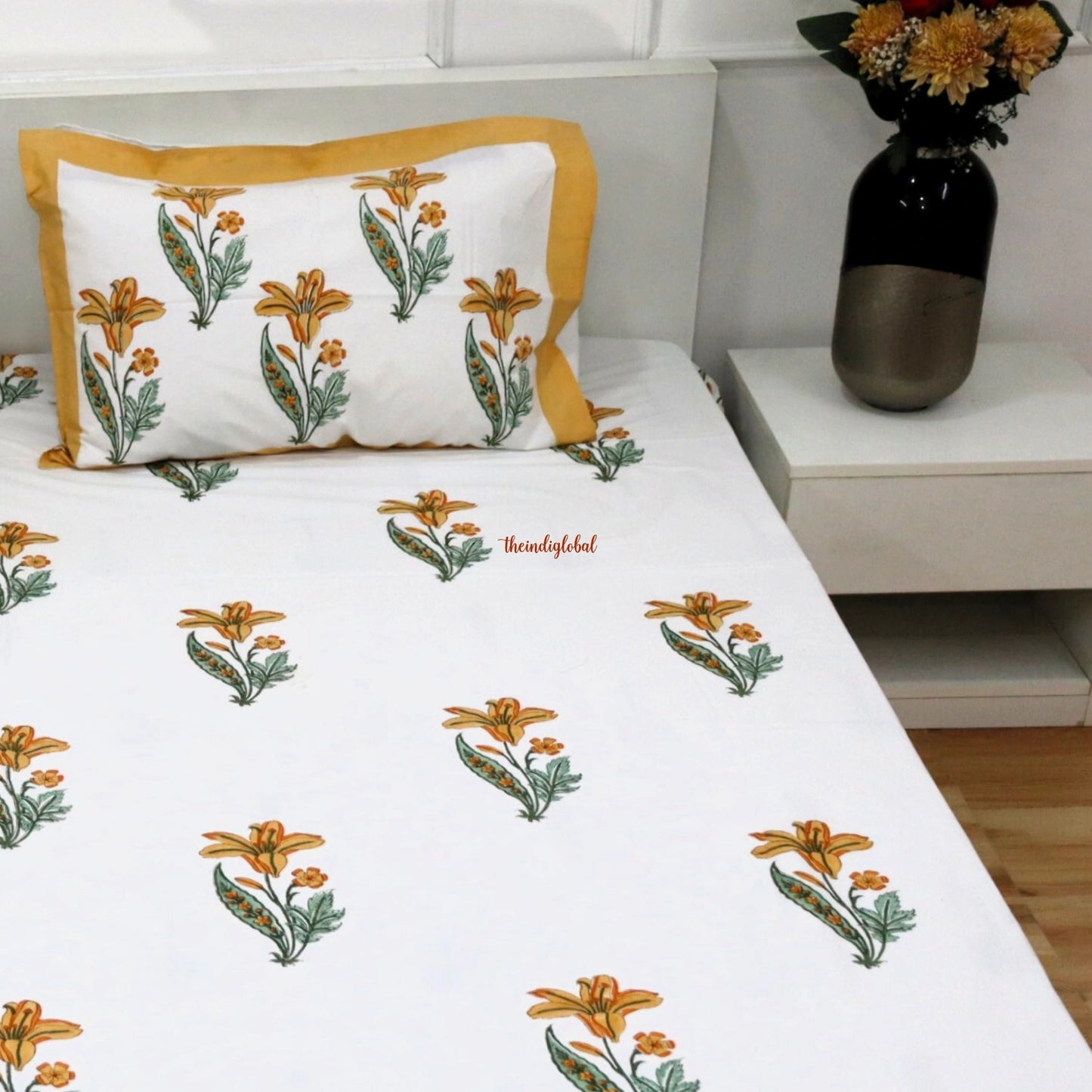Ramya Hand Block Soft Cotton Bedsheet with 2 Pillow Covers 108*108 inches Yellow