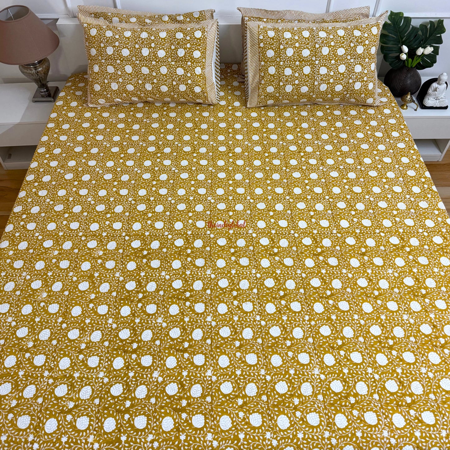 Ramya Hand Block Soft Cotton Bedsheet with 2 Pillow Covers Brown