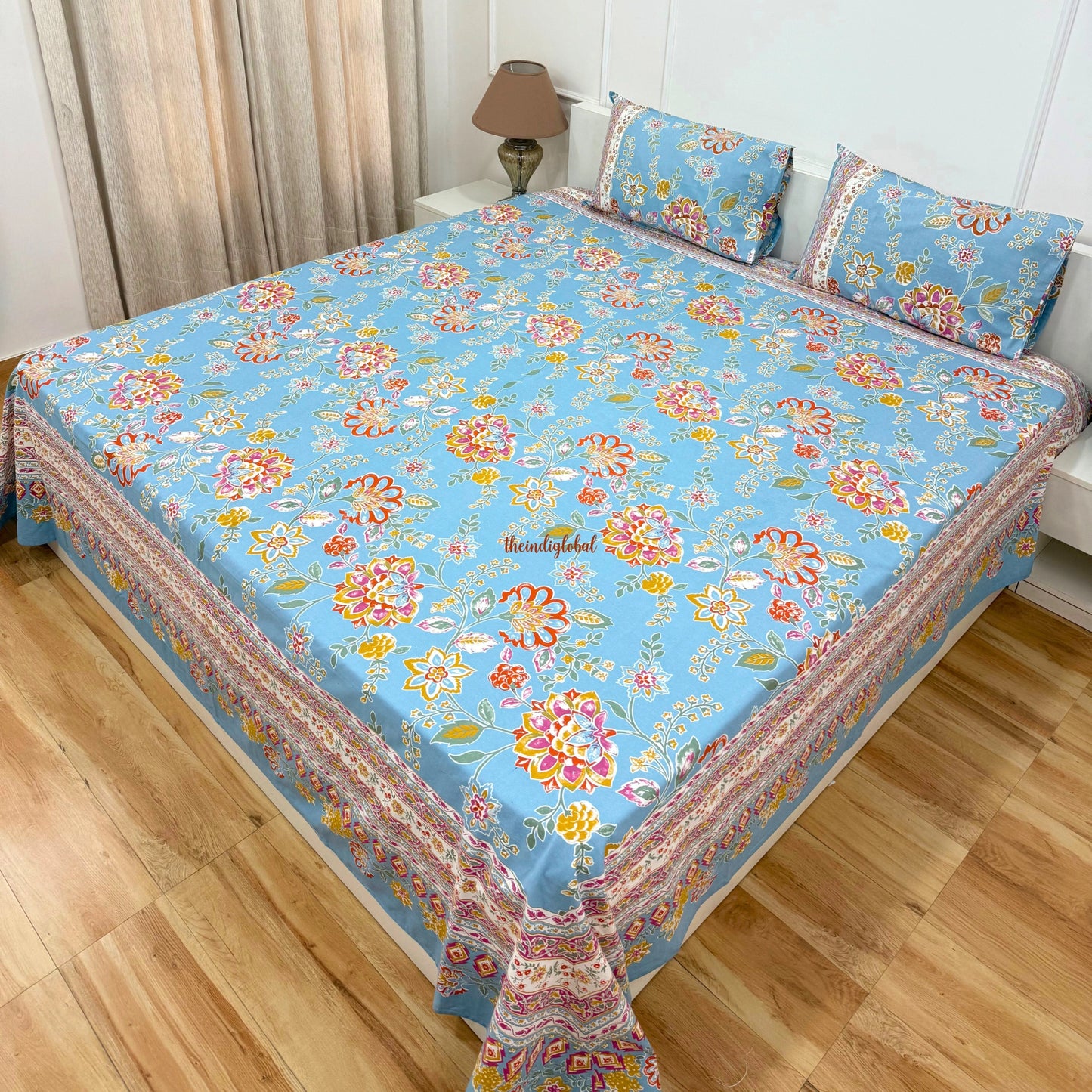 Homi Cotton Bedsheet for Super King Size Bed With Two Reversible Pillow Covers Sky Blue