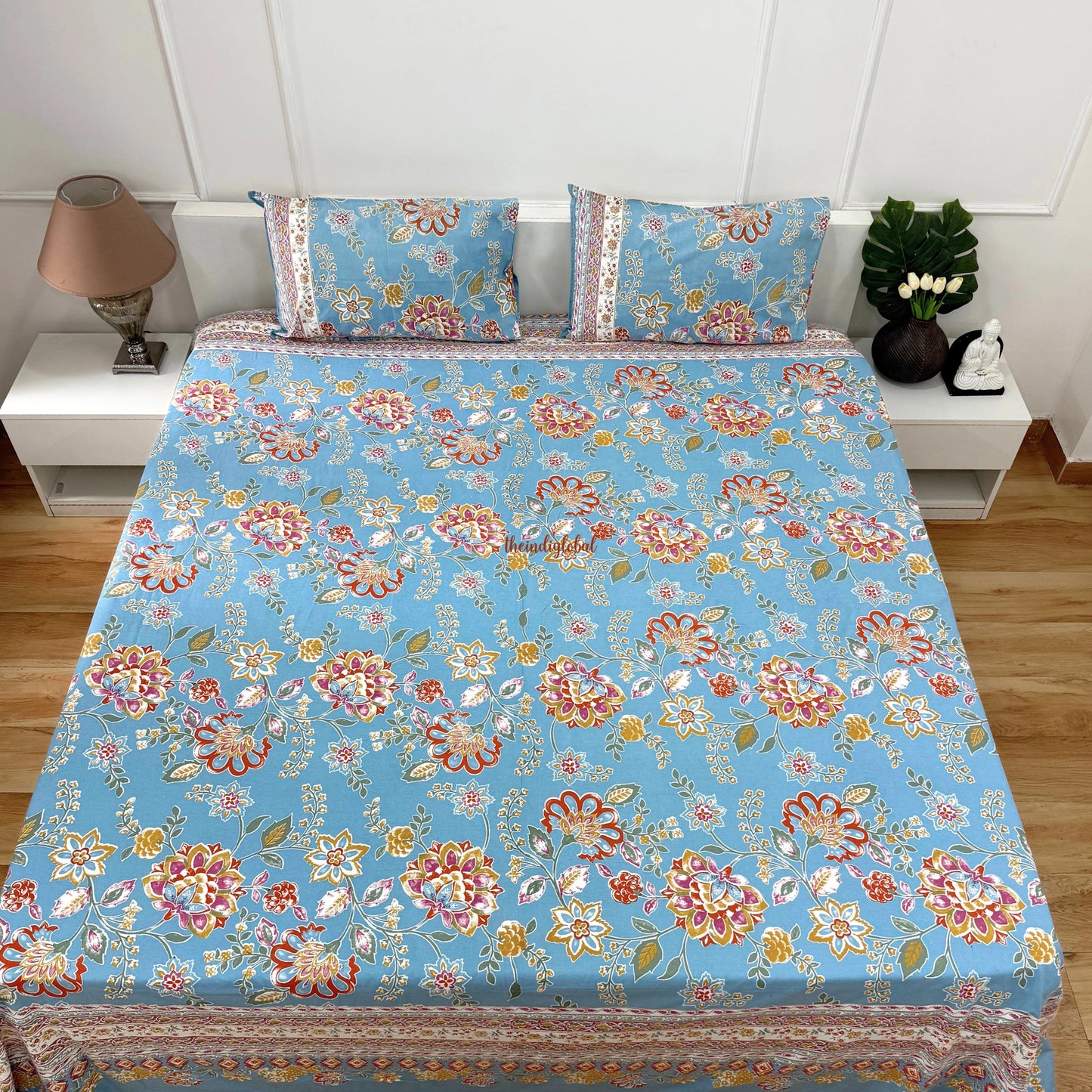 Homi Cotton Bedsheet for Super King Size Bed With Two Reversible Pillow Covers Sky Blue