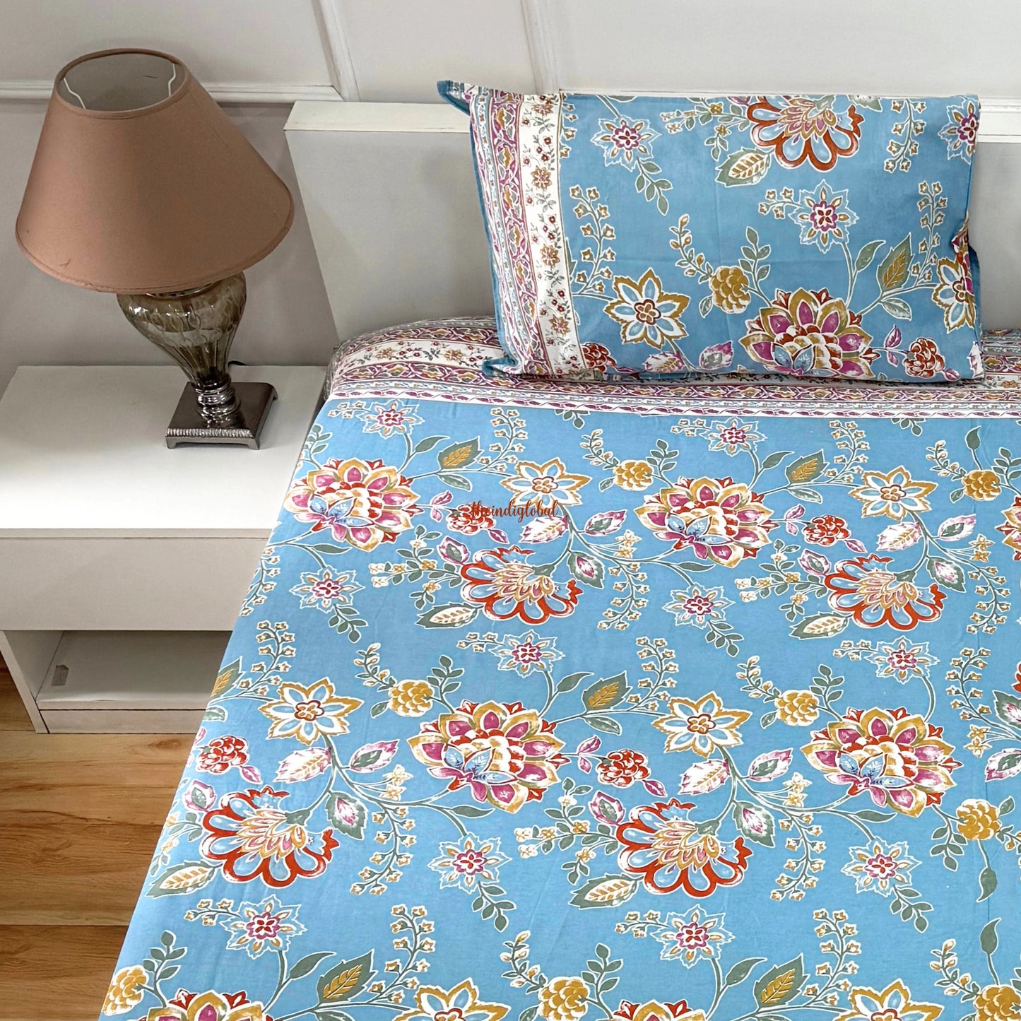 Homi Cotton Bedsheet for Super King Size Bed With Two Reversible Pillow Covers Sky Blue