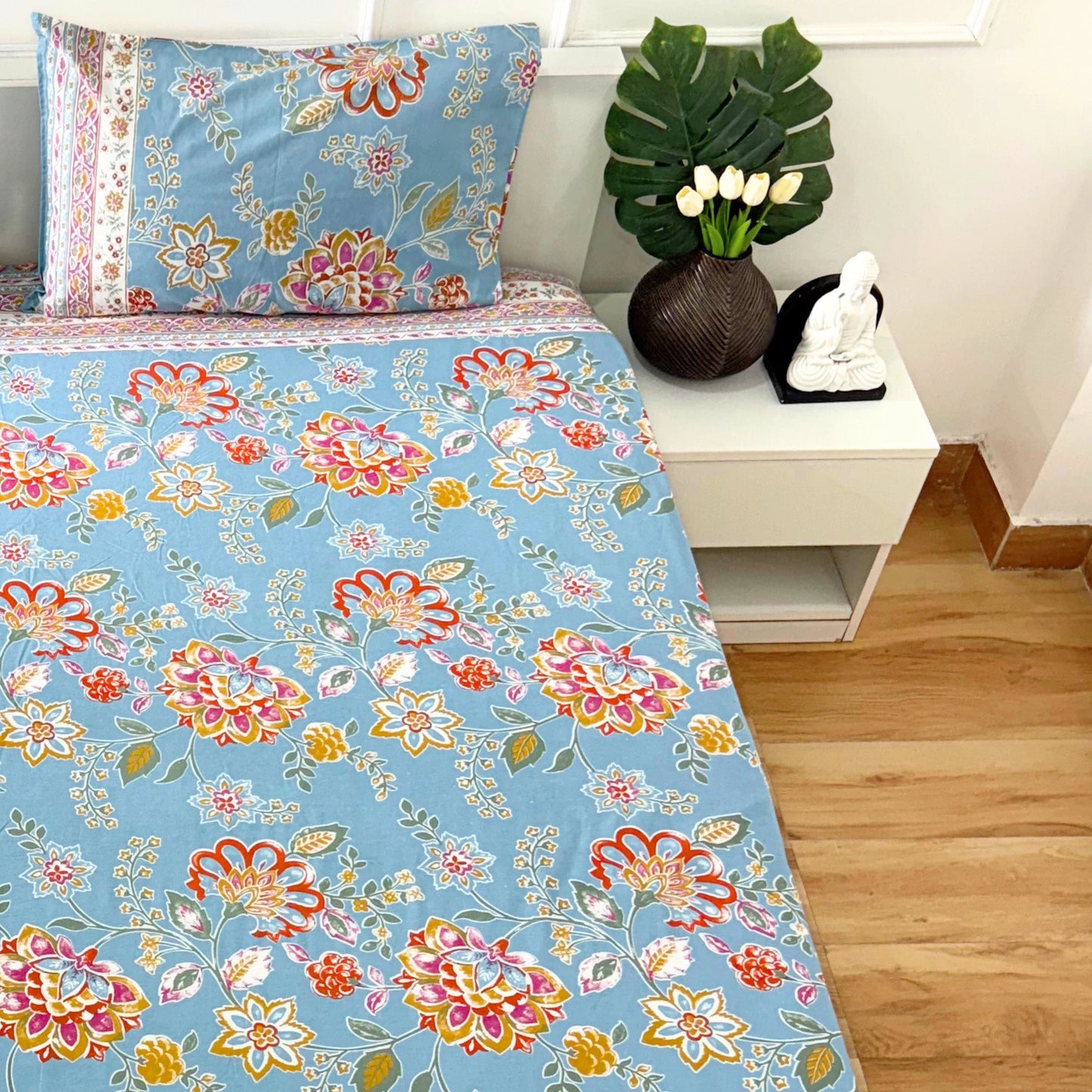 Homi Cotton Bedsheet for Super King Size Bed With Two Reversible Pillow Covers Sky Blue