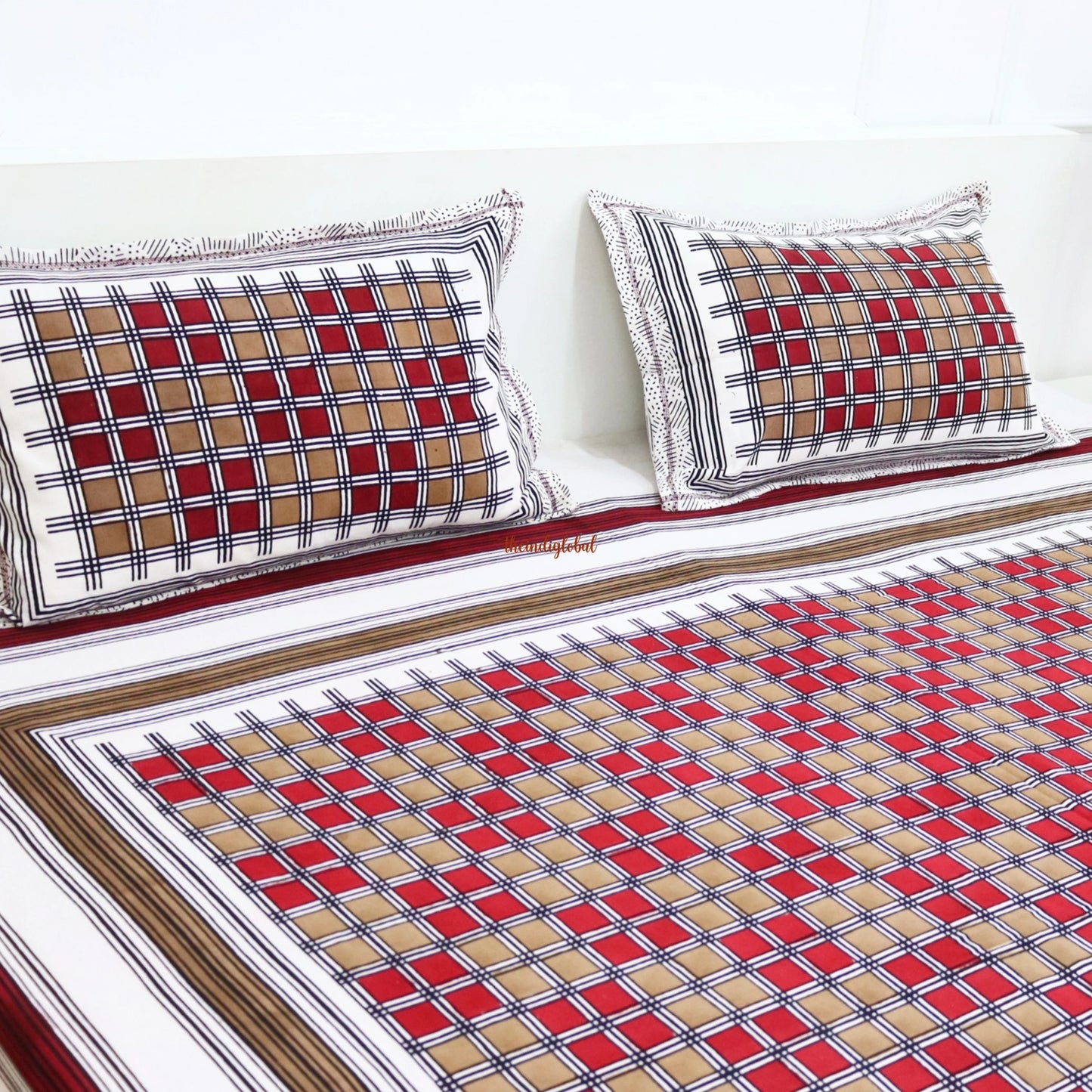 Hand Block Cotton Bedsheet with 2 Pillow Covers Double Bed size Red Brown