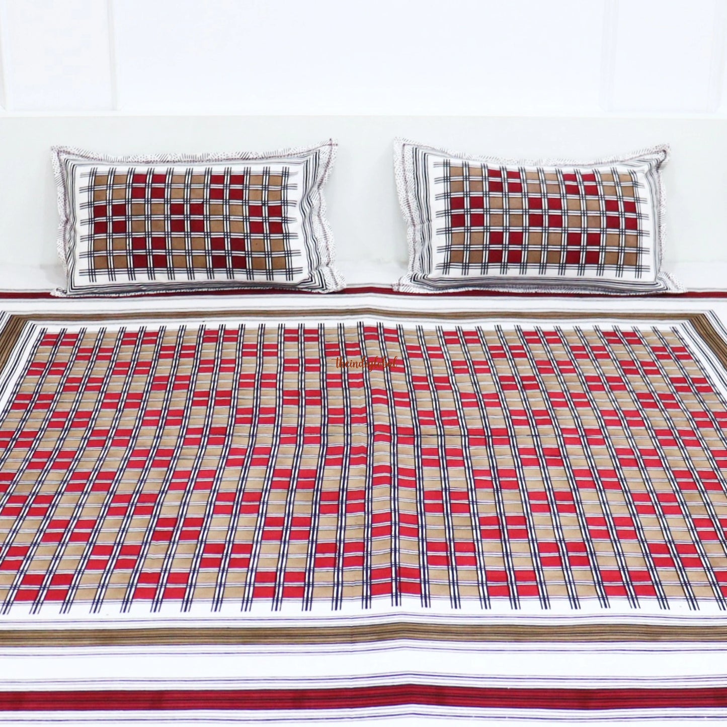 Hand Block Cotton Bedsheet with 2 Pillow Covers Double Bed size Red Brown